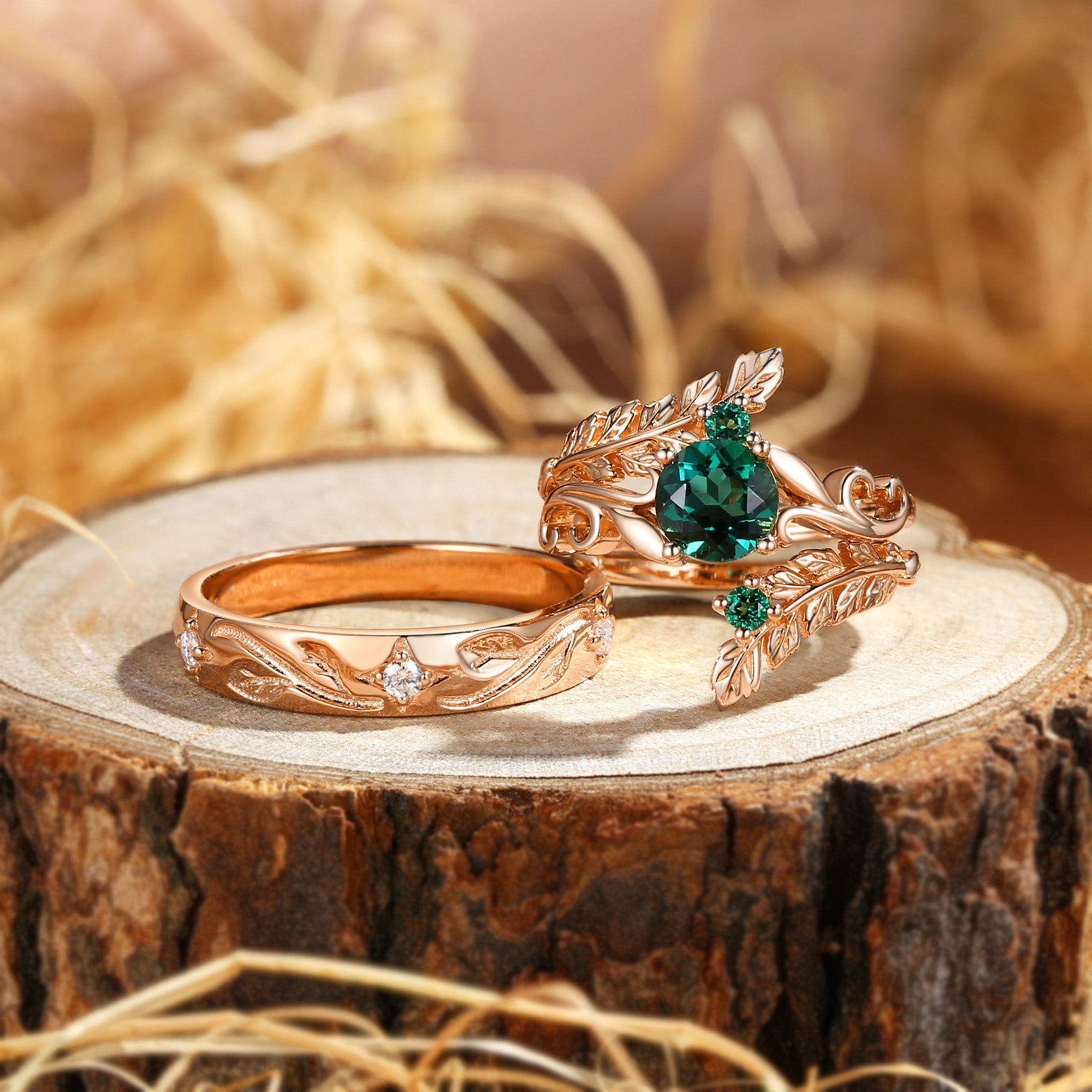 Rosine - Round Emerald Enhancer Ring & Engraving Vintage Couple Ring