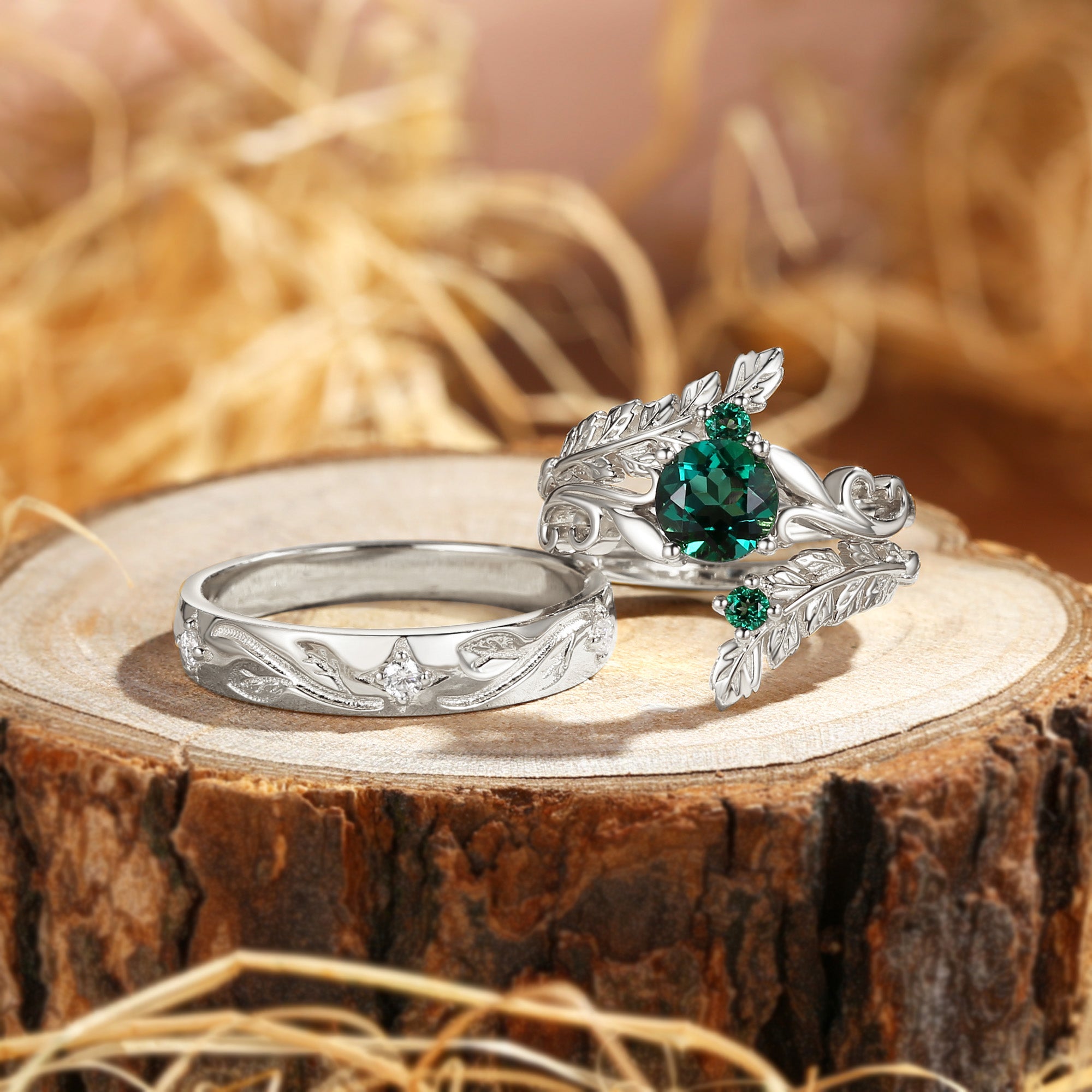 Rosine - Round Emerald Enhancer Ring & Engraving Vintage Couple Ring