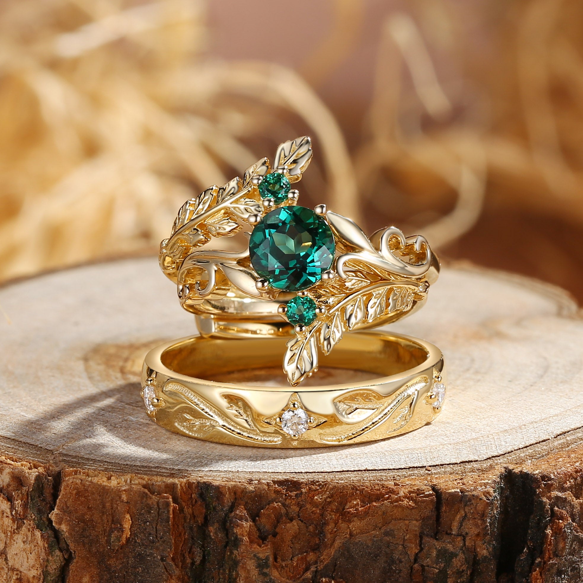 Rosine - Round Emerald Enhancer Ring & Engraving Vintage Couple Ring