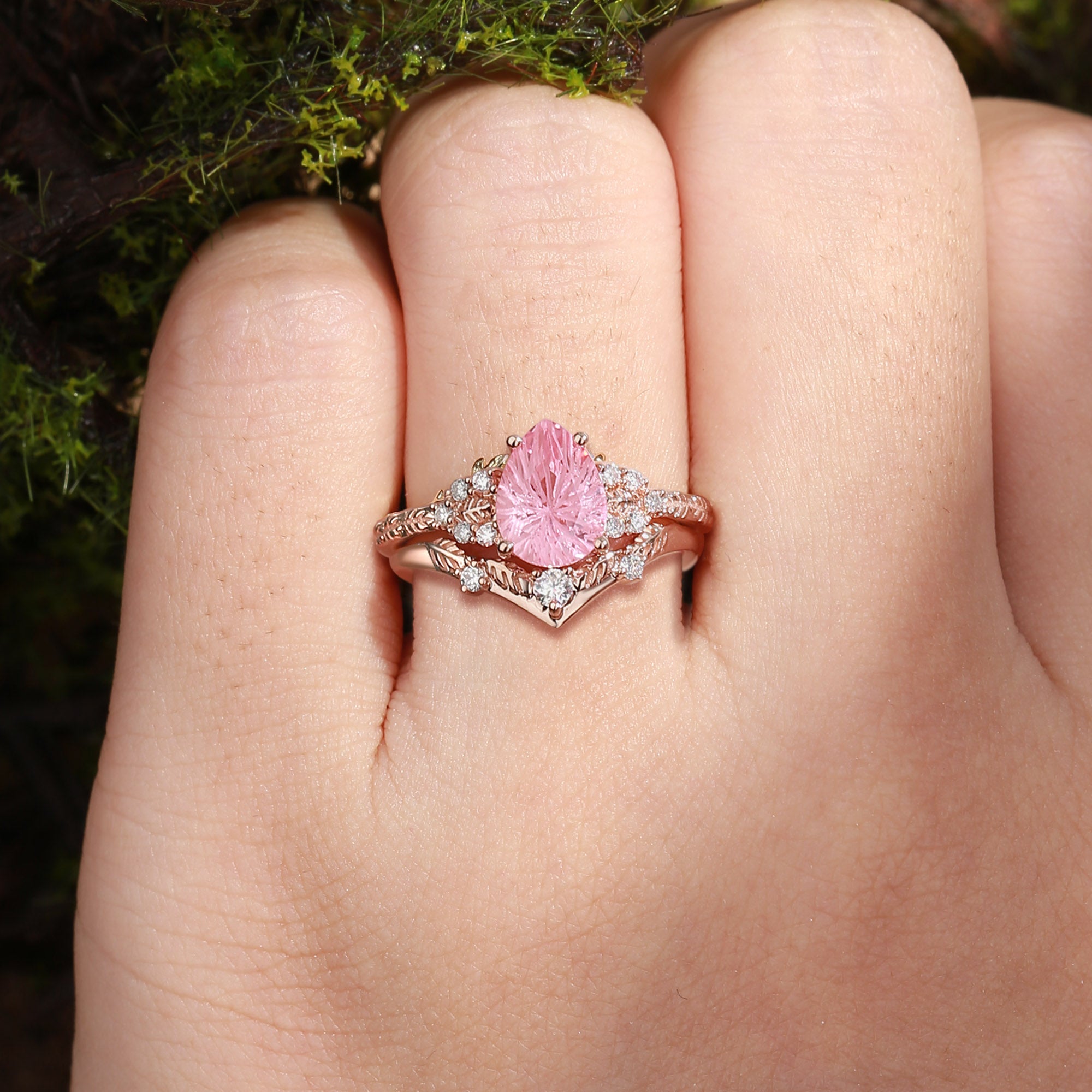 Hortense -  Leaf Nature Inspired Firework Cut Padparadscha Sapphire Engagement Ring Set 2pcs