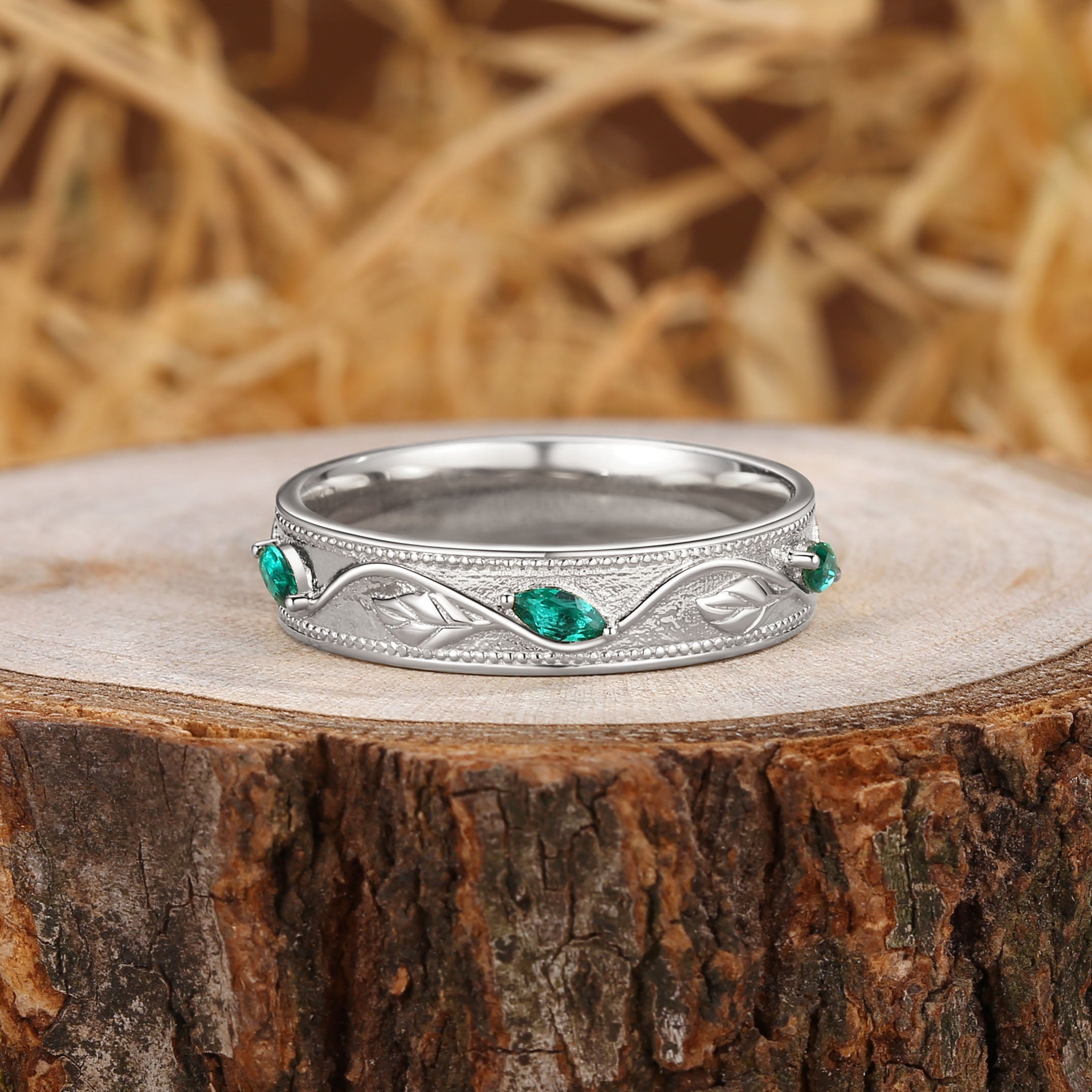 5MM Unique Emerald Cluster Leaf Men Ring