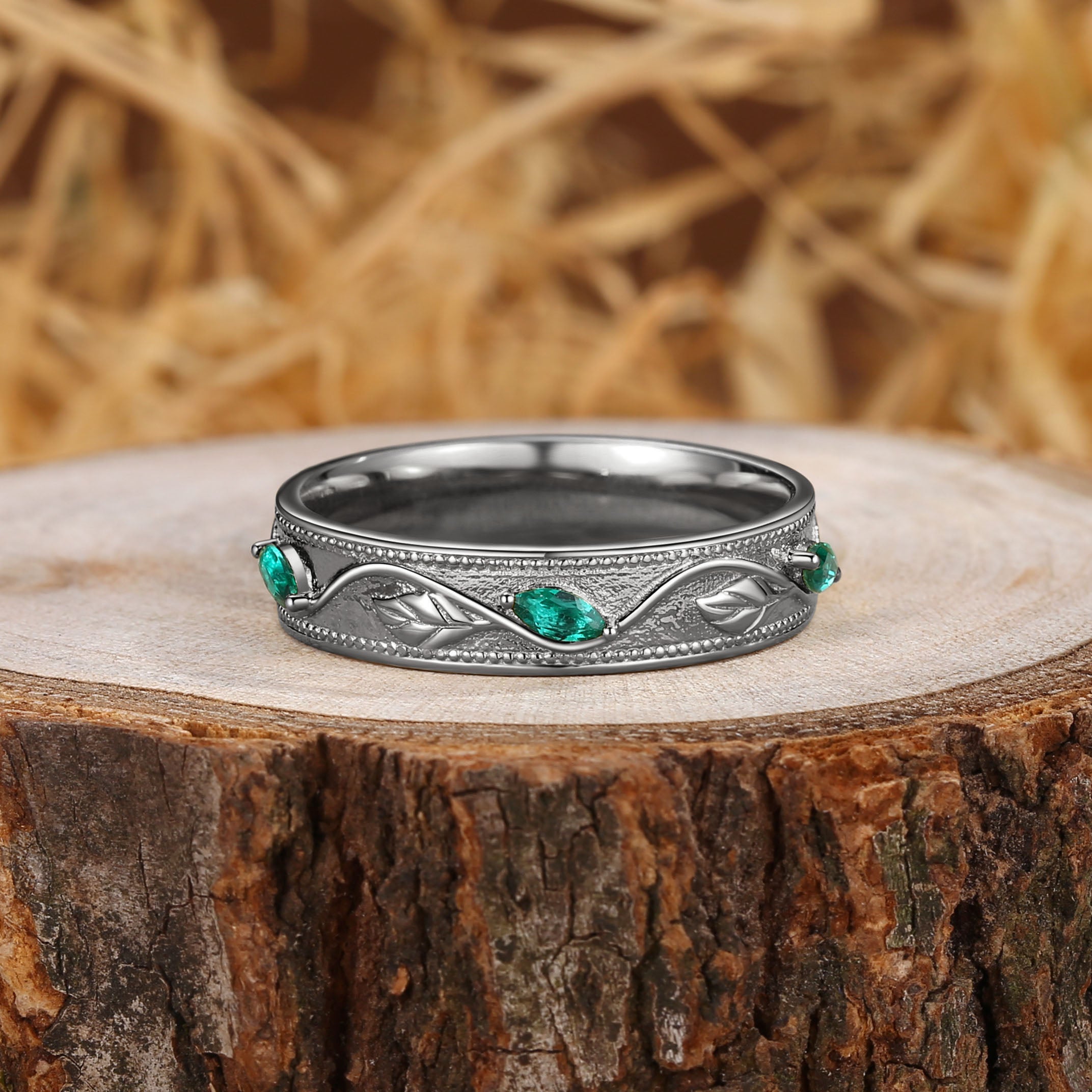 5MM Unique Emerald Cluster Leaf Men Ring