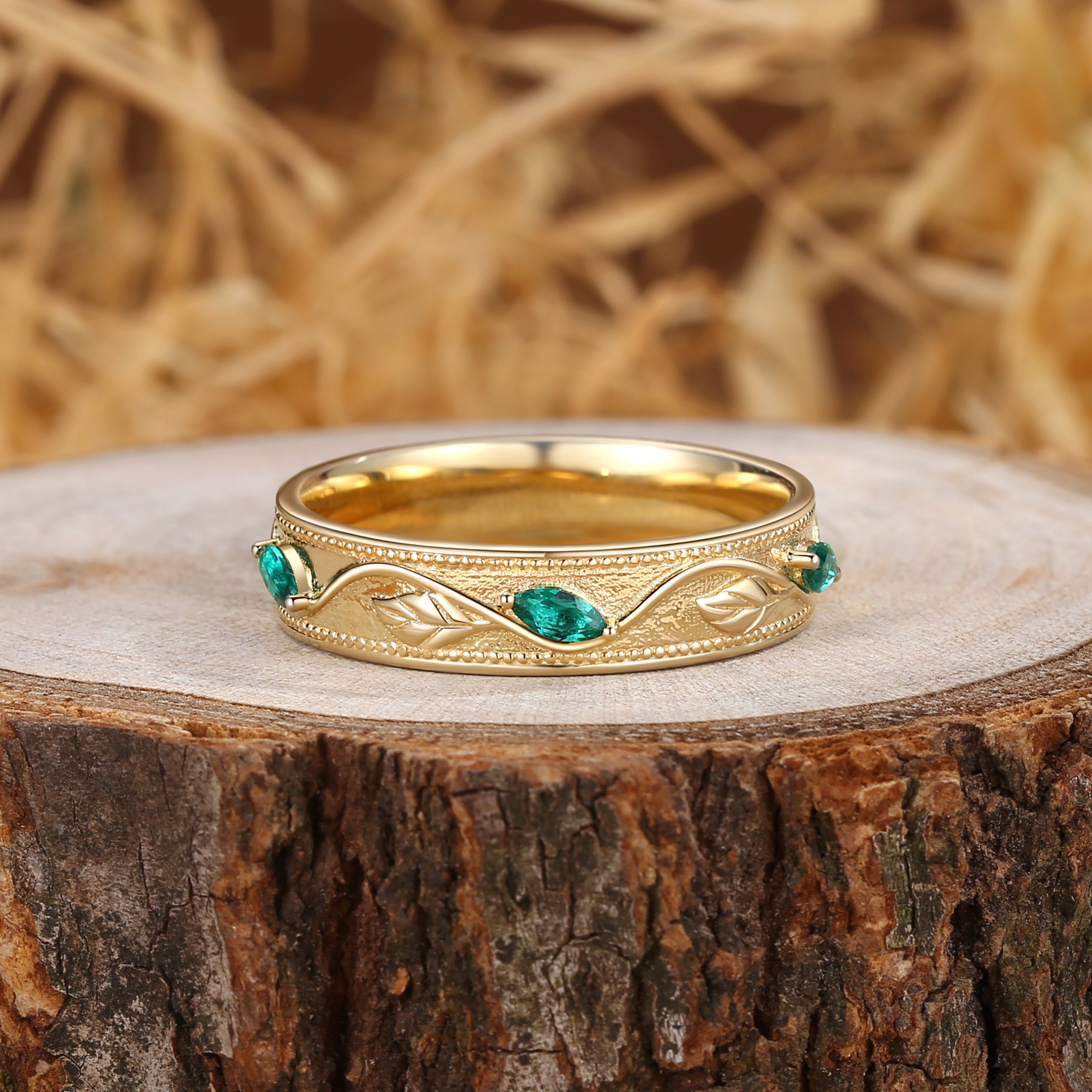 5MM Unique Emerald Cluster Leaf Men Ring