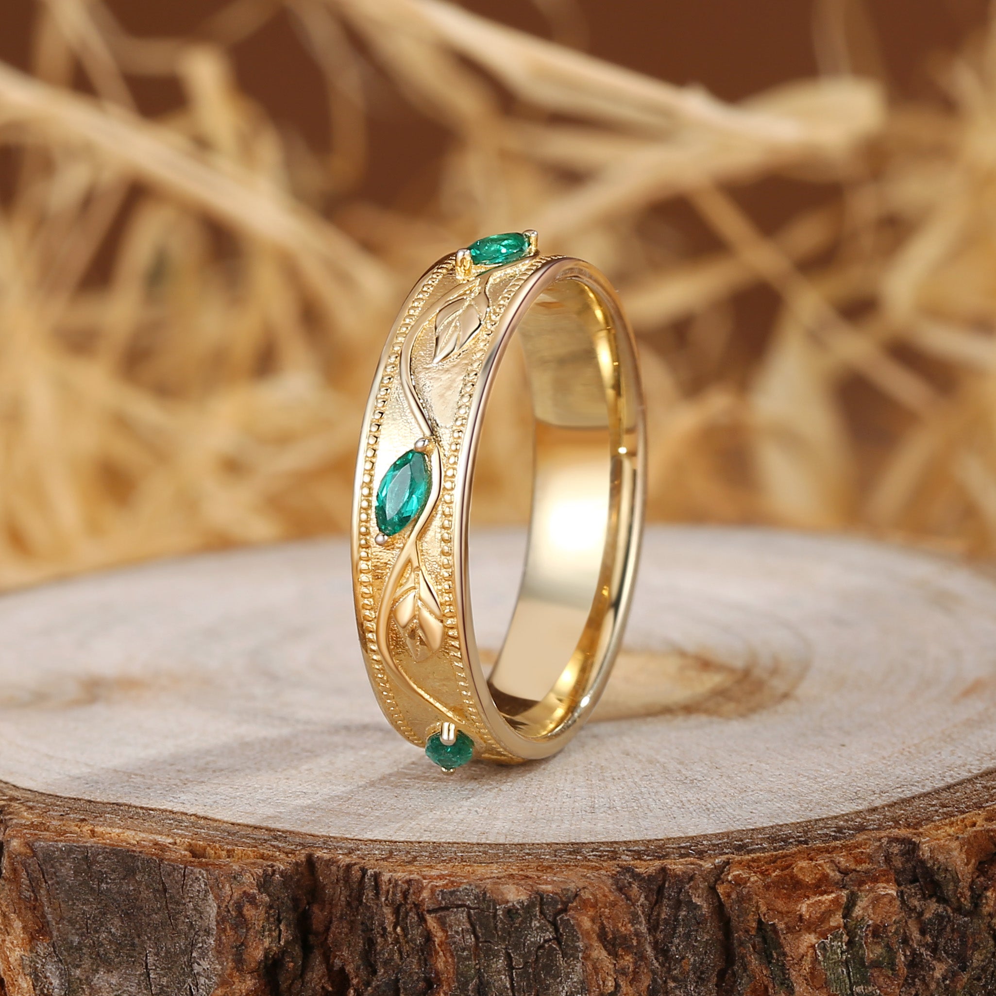 5MM Unique Emerald Cluster Leaf Men Ring