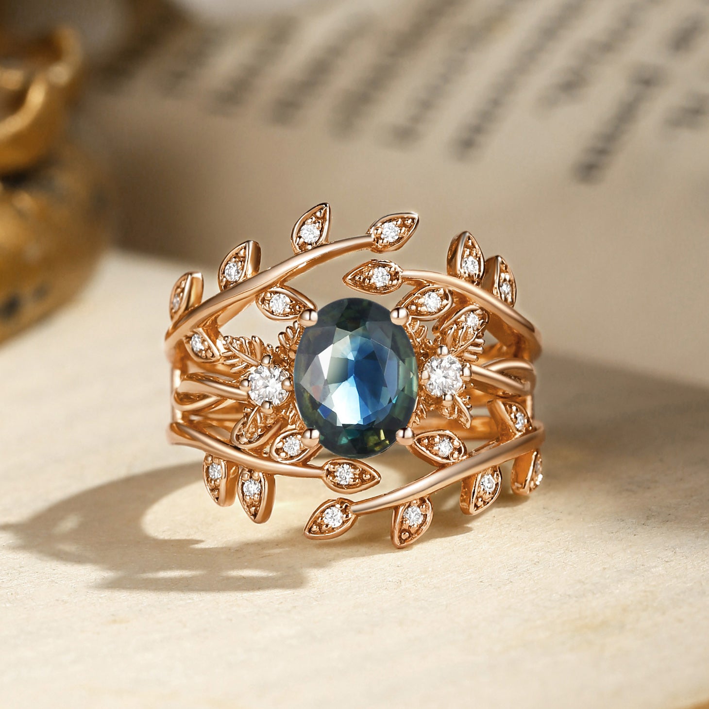 Léonie - Oval Cut Blue Green Sapphire Leafy Enhancer Ring Set 2pcs