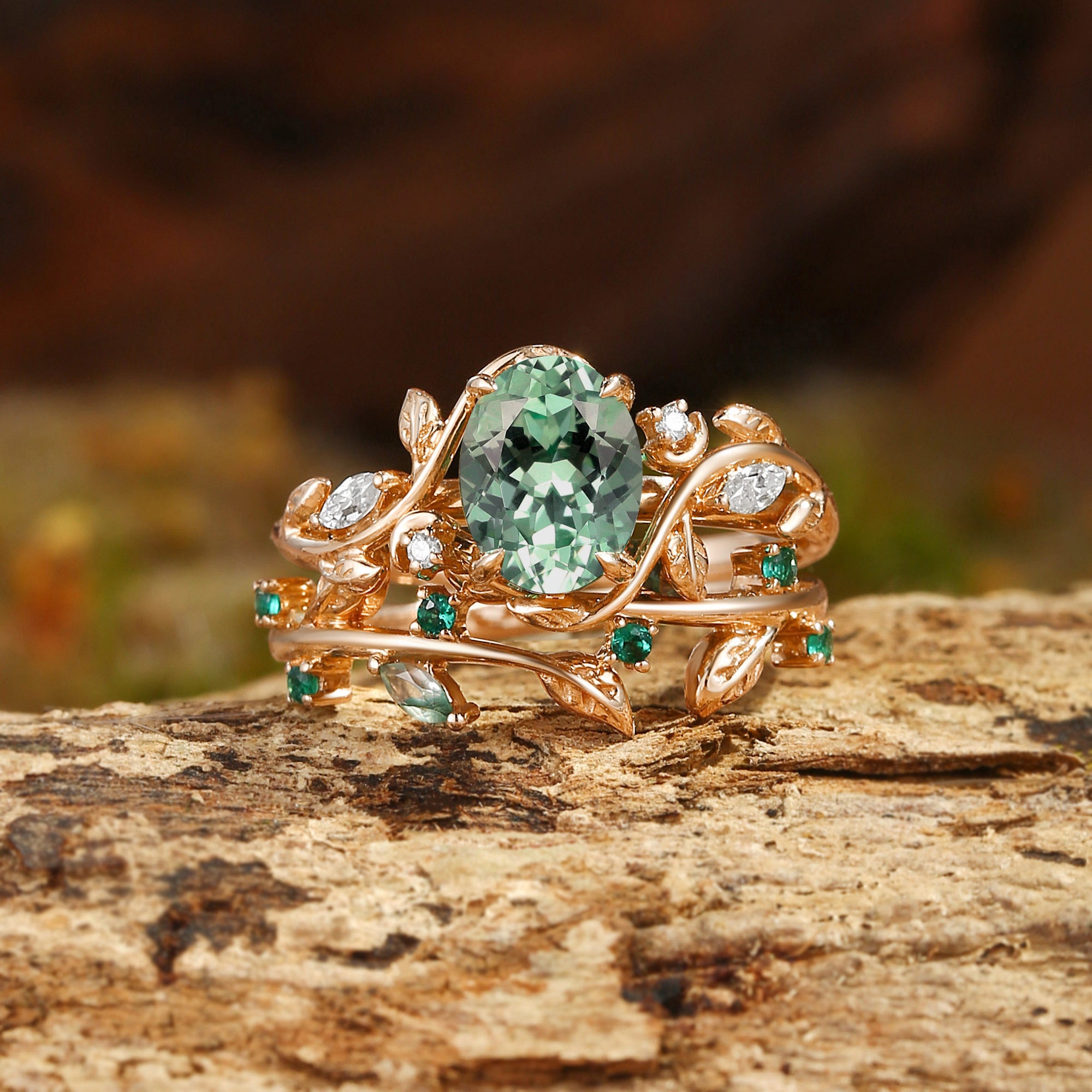 Désirée - Oval Cut Mint Green Sapphire Branch Leafy Engagement Ring Set 2pcs