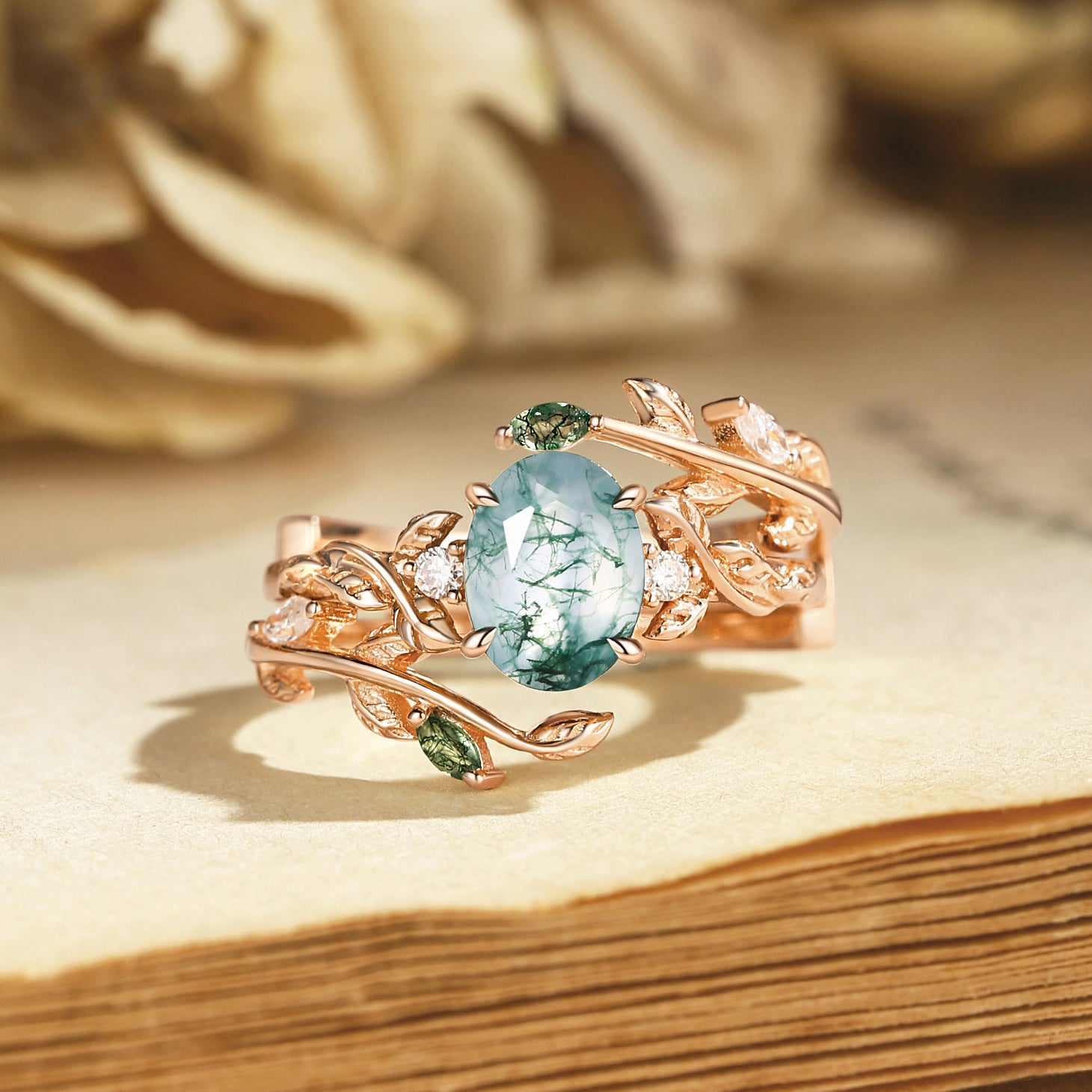 Helen - Moss Agate Leafy Engagement Ring Set 2pcs