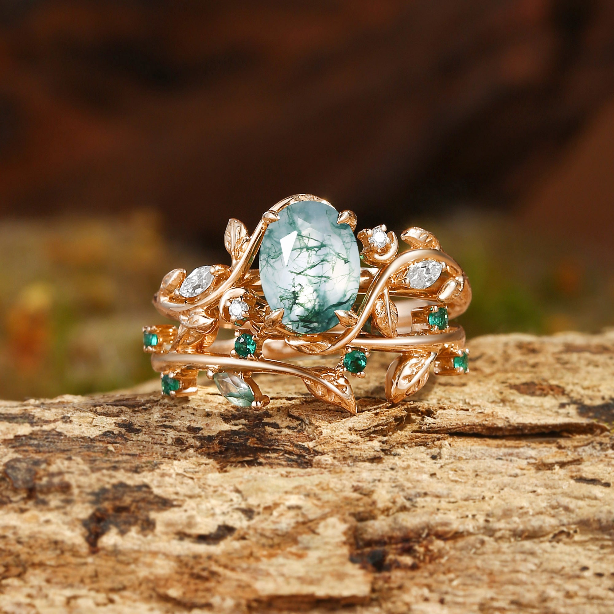 Désirée - Oval Cut Moss Agate Branch Leafy Engagement Ring Set 2pcs