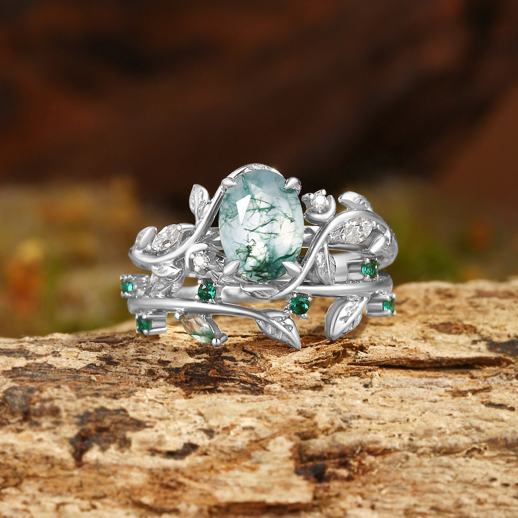 Désirée - Oval Cut Moss Agate Branch Leafy Engagement Ring Set 2pcs