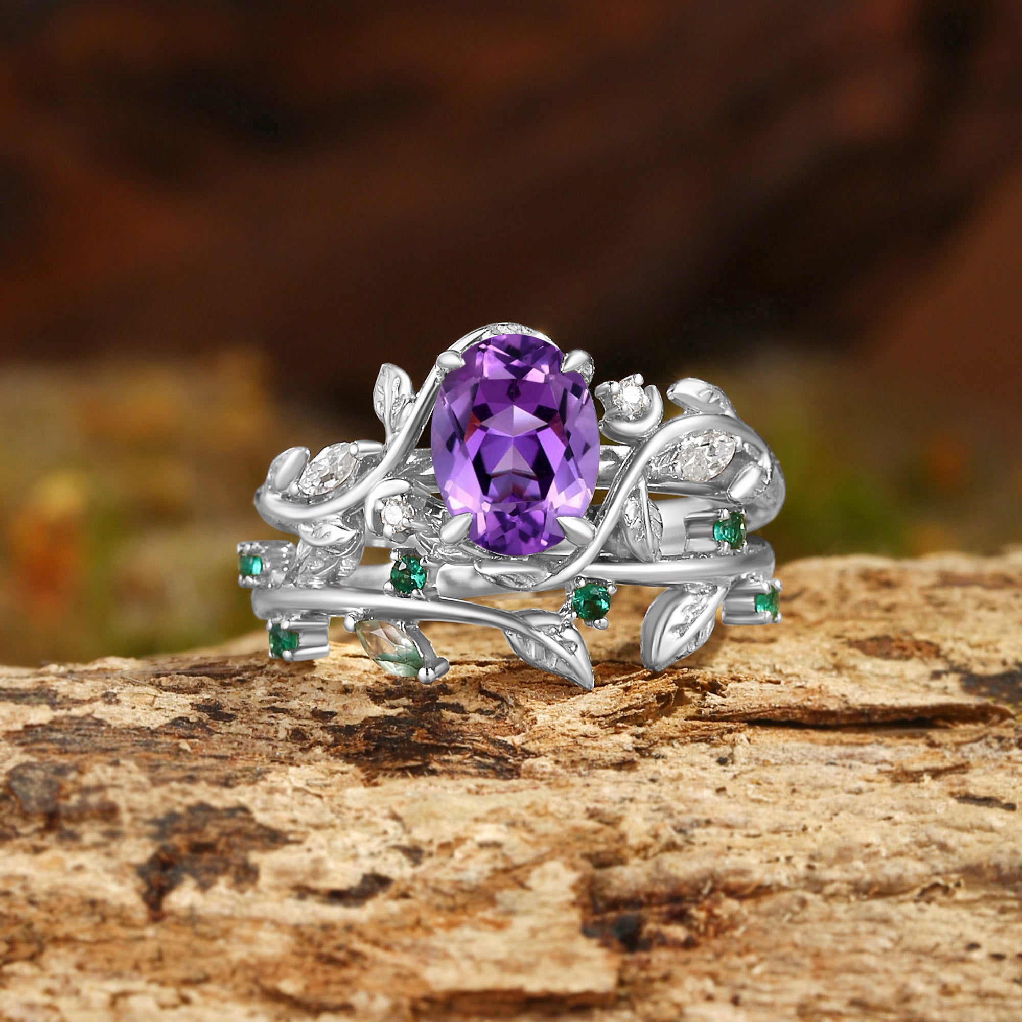 Désirée - Oval Cut Amethyst Branch Leafy Engagement Ring Set 2pcs