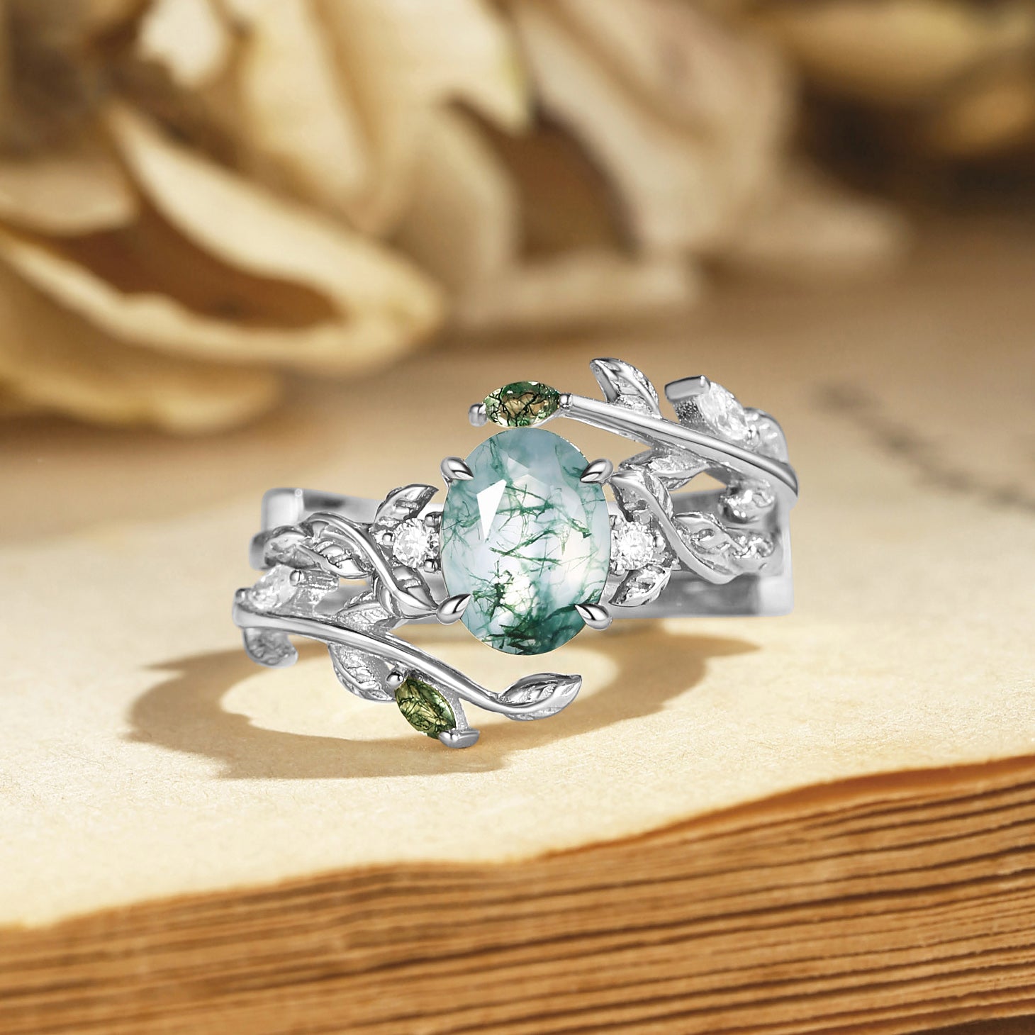Helen - Moss Agate Leafy Engagement Ring Set 2pcs