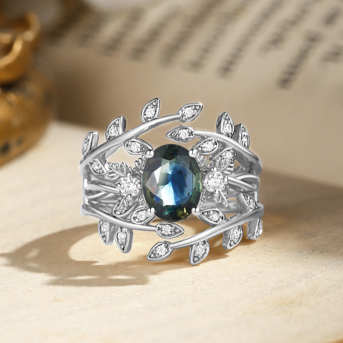 Léonie - Oval Cut Blue Green Sapphire Leafy Enhancer Ring Set 2pcs