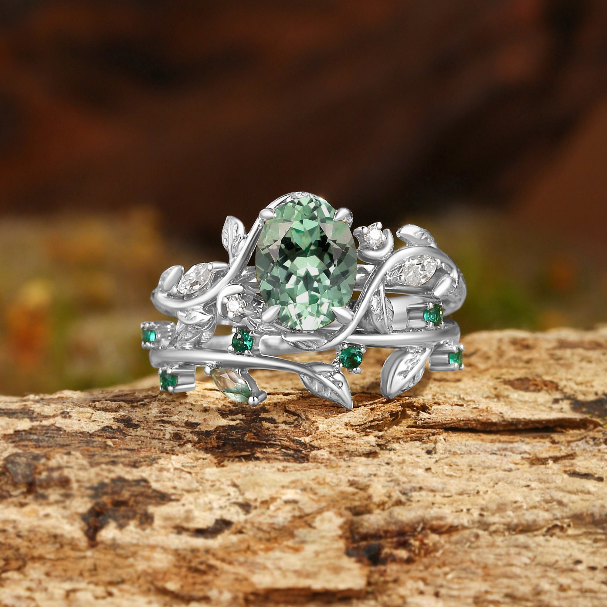Désirée - Oval Cut Mint Green Sapphire Branch Leafy Engagement Ring Set 2pcs