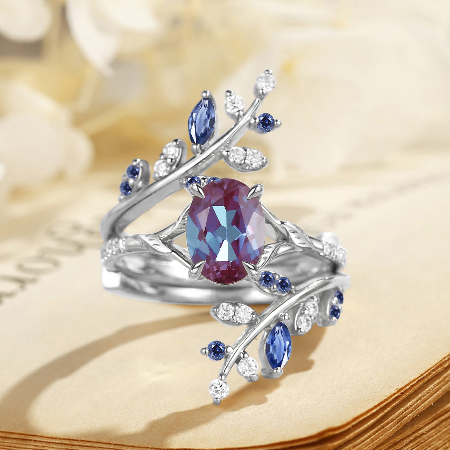 Daphne - Dark Purple Alexandrite & Sapphire Cluster Enhancer Ring Set 2pcs