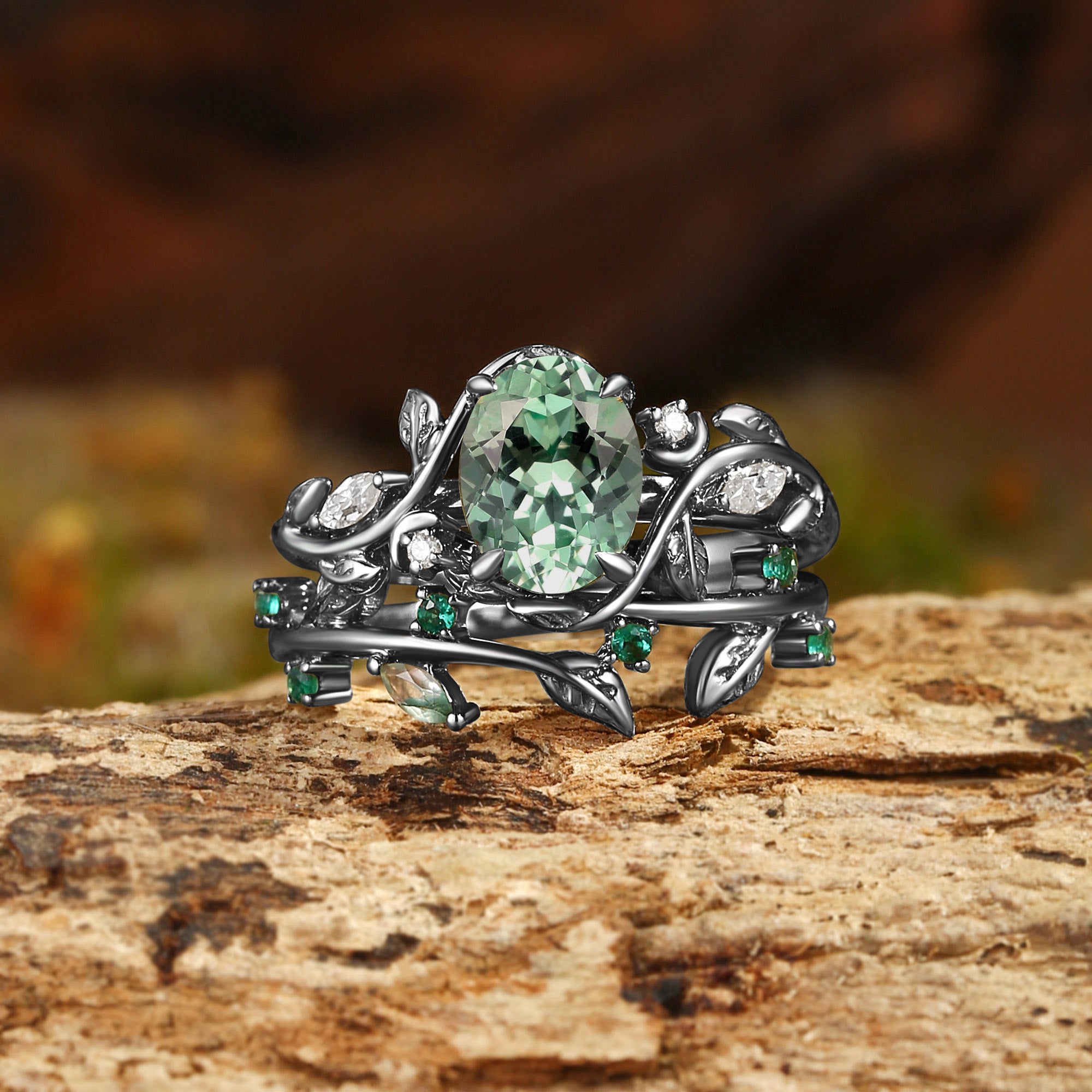 Désirée - Oval Cut Mint Green Sapphire Branch Leafy Engagement Ring Set 2pcs