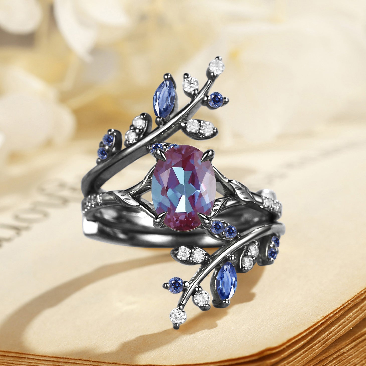 Daphne - Dark Purple Alexandrite & Sapphire Cluster Enhancer Ring Set 2pcs