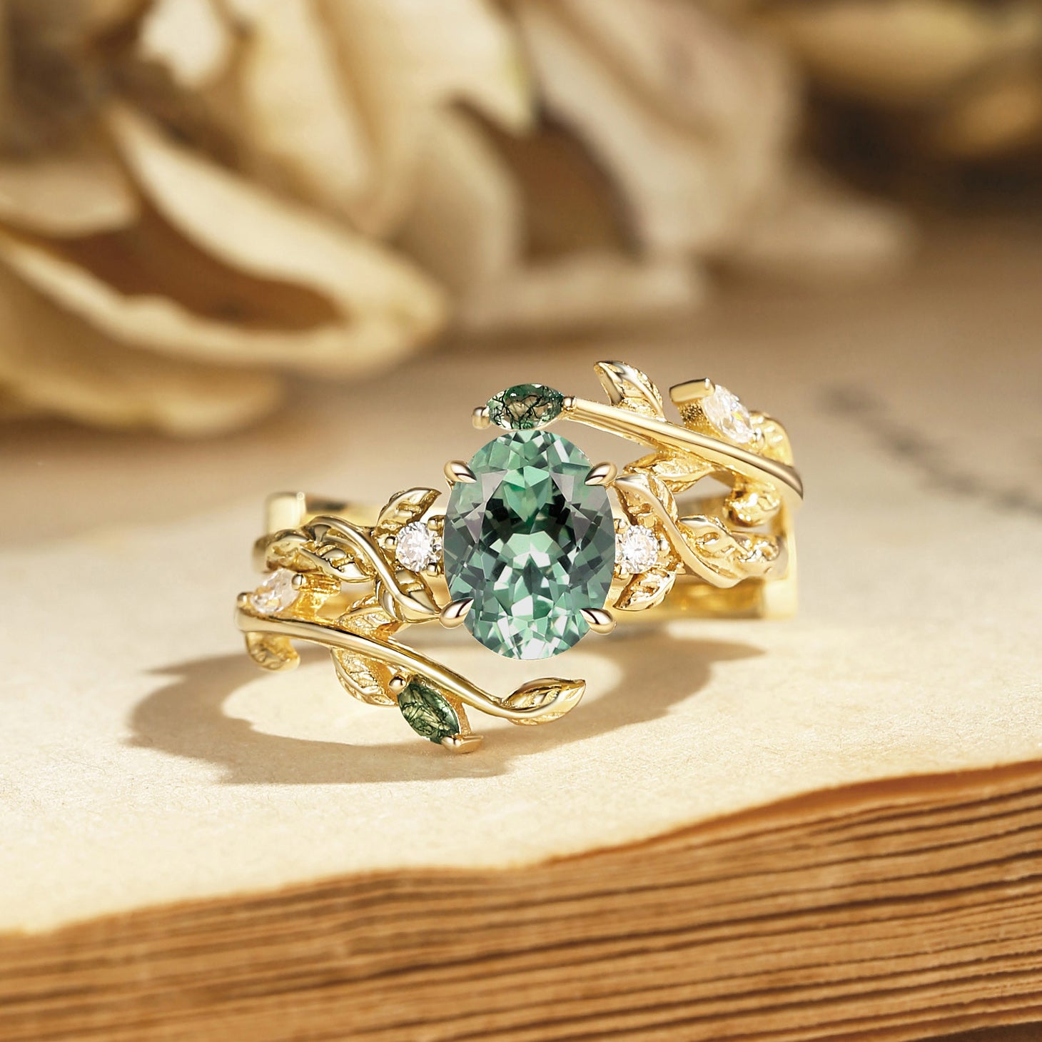 Helen - Lab Mint Green Sapphire Leafy Engagement Ring Set 2pcs