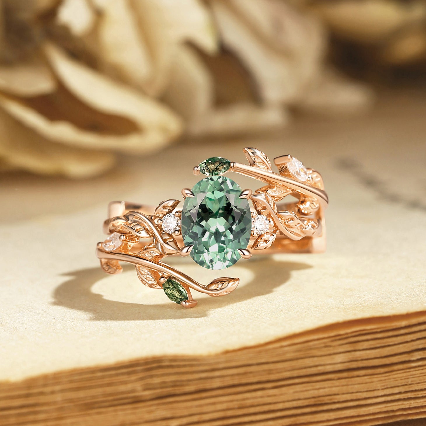 Helen - Lab Mint Green Sapphire Leafy Engagement Ring Set 2pcs