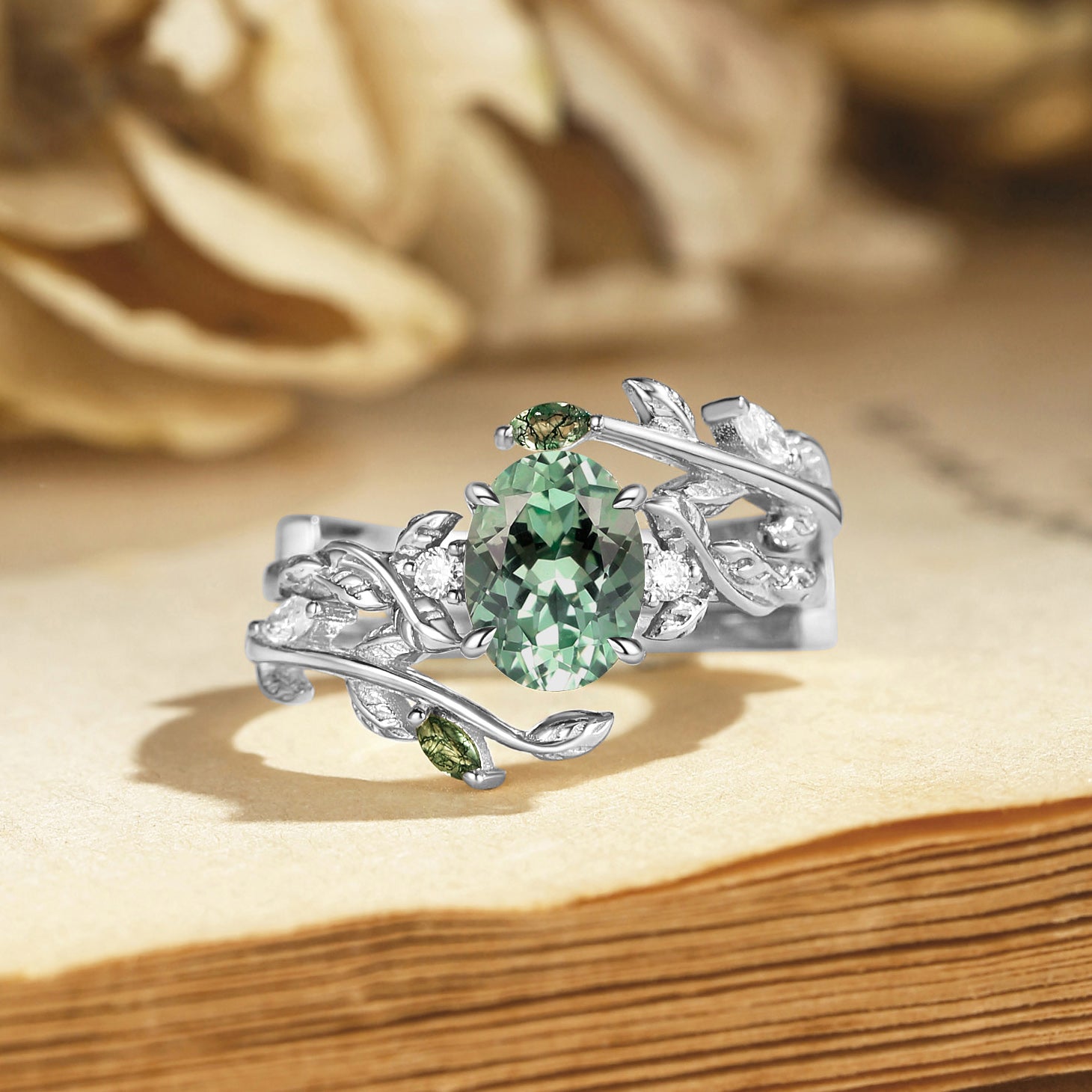 Helen - Lab Mint Green Sapphire Leafy Engagement Ring Set 2pcs