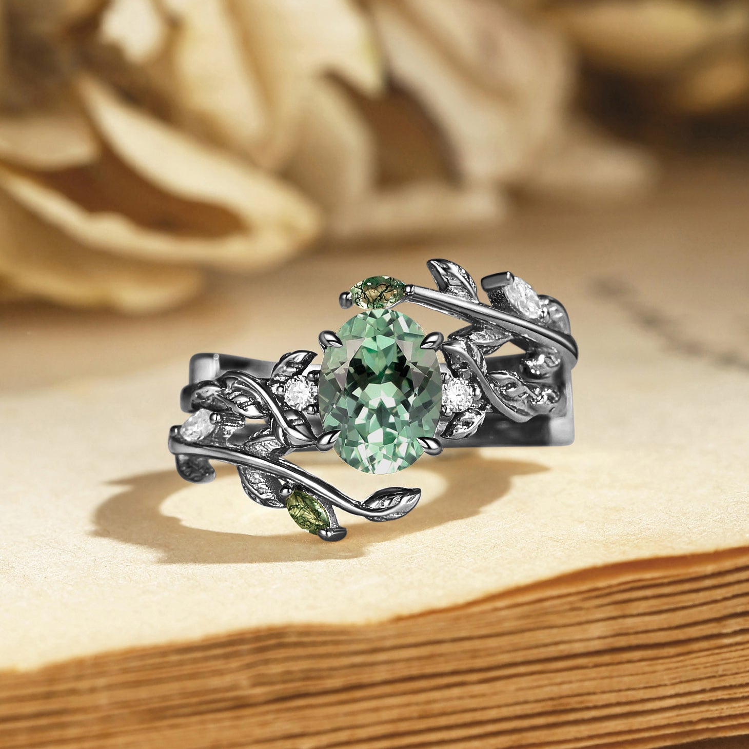 Helen - Lab Mint Green Sapphire Leafy Engagement Ring Set 2pcs