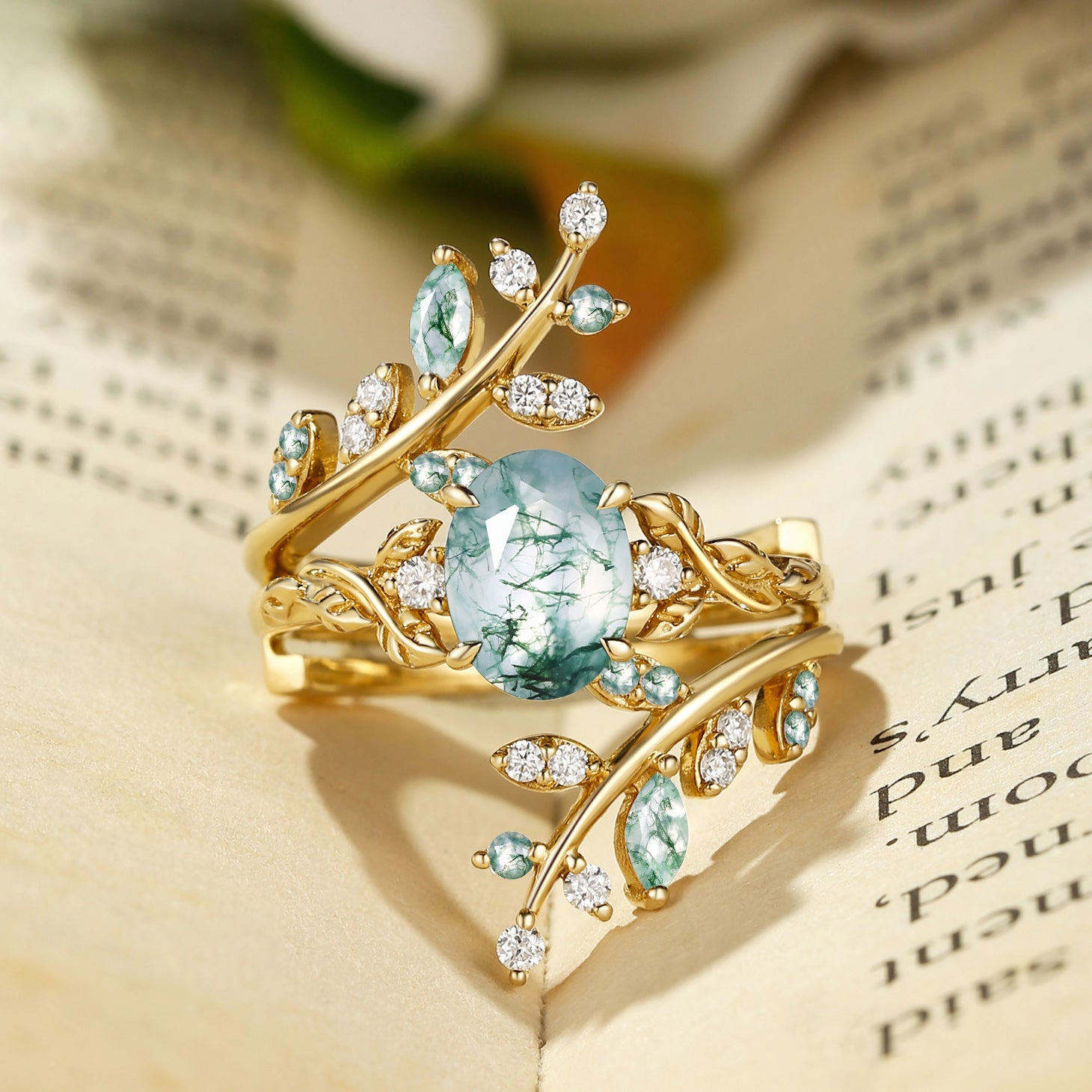 Florence - Green Moss Agate Oval Cut Enhancer Leafy Bridal Set 2pcs