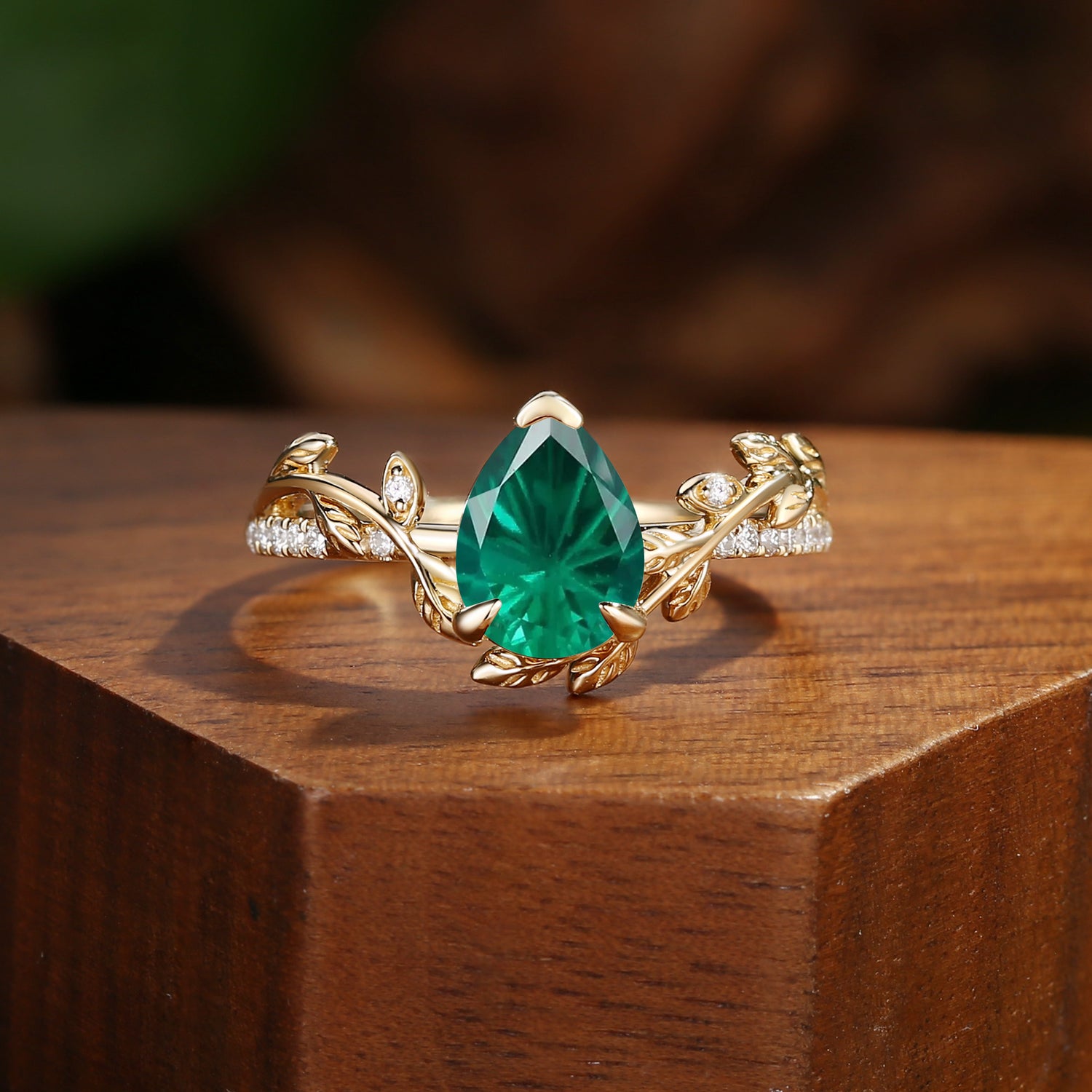 Jora - Firework Pear Cut Emerald Vine Inspired Leafy Engagement Ring