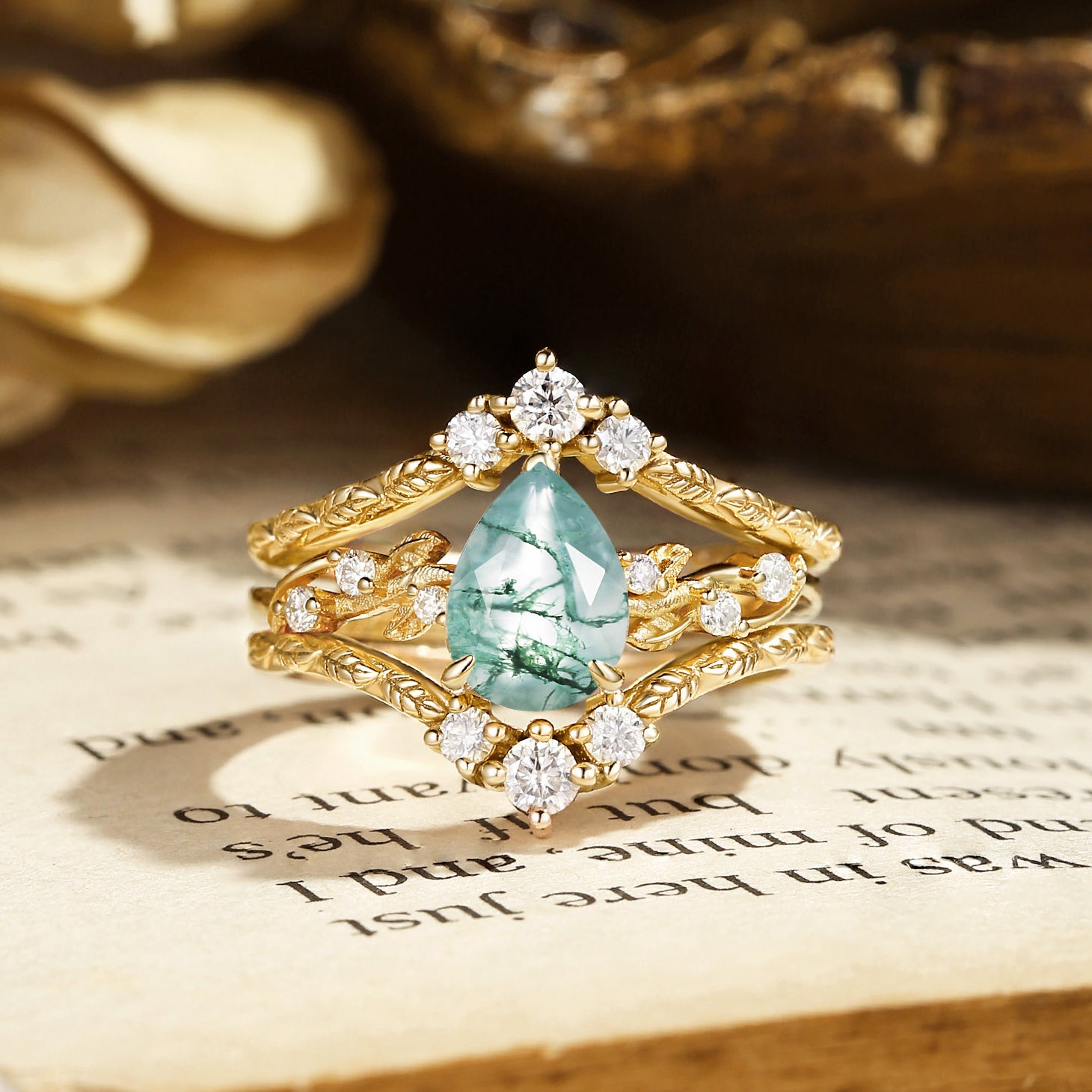 Harmonie - Pear Cut Moss Agate Leafy Filigree Bridal Set 2pcs