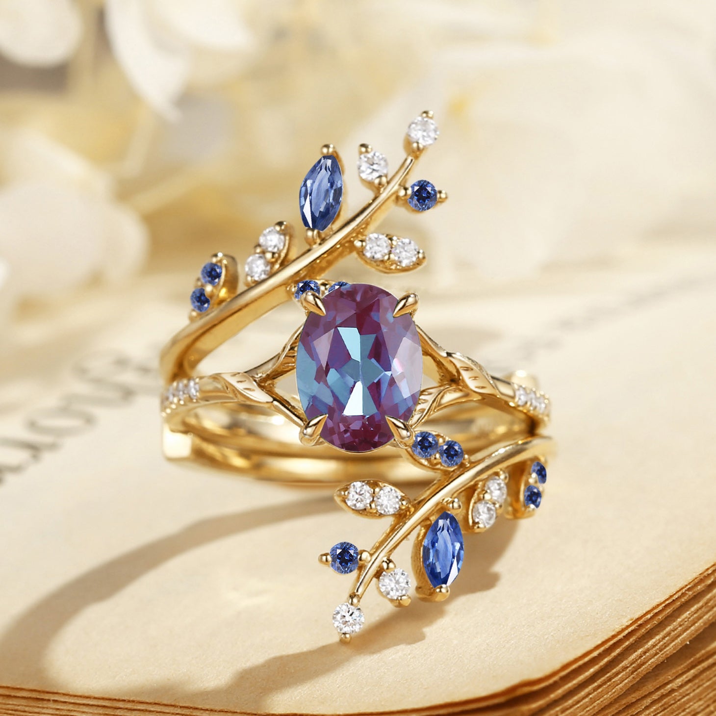 Daphne - Dark Purple Alexandrite & Sapphire Cluster Enhancer Ring Set 2pcs