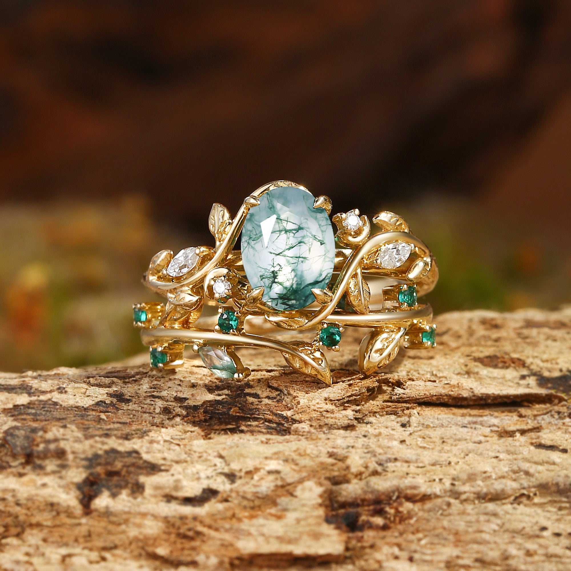 Oval Cut Moss Agate Leaf Engagement Ring
