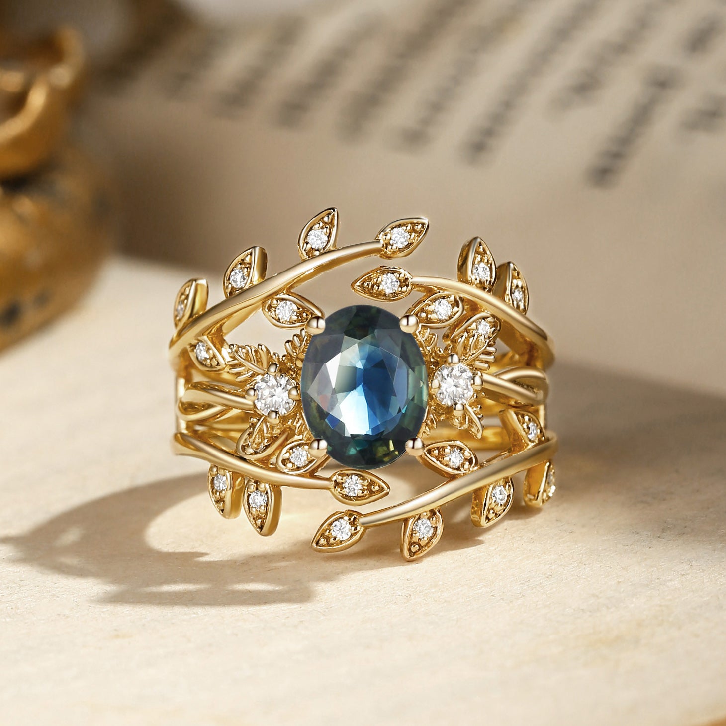 Léonie - Oval Cut Blue Green Sapphire Leafy Enhancer Ring Set 2pcs