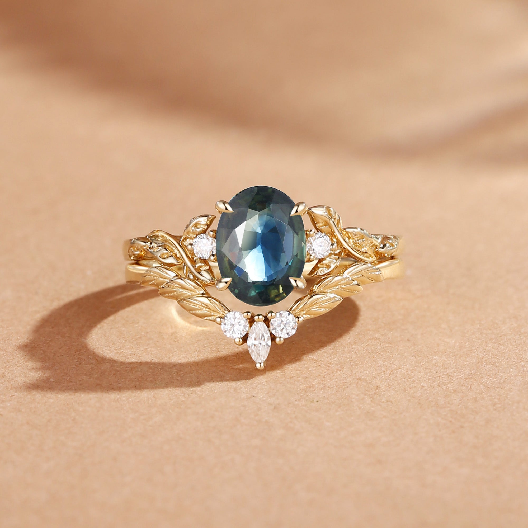 Eden - Nature Inspried Blue Green Sapphire Oval Cut Engagement Ring Set 2pcs