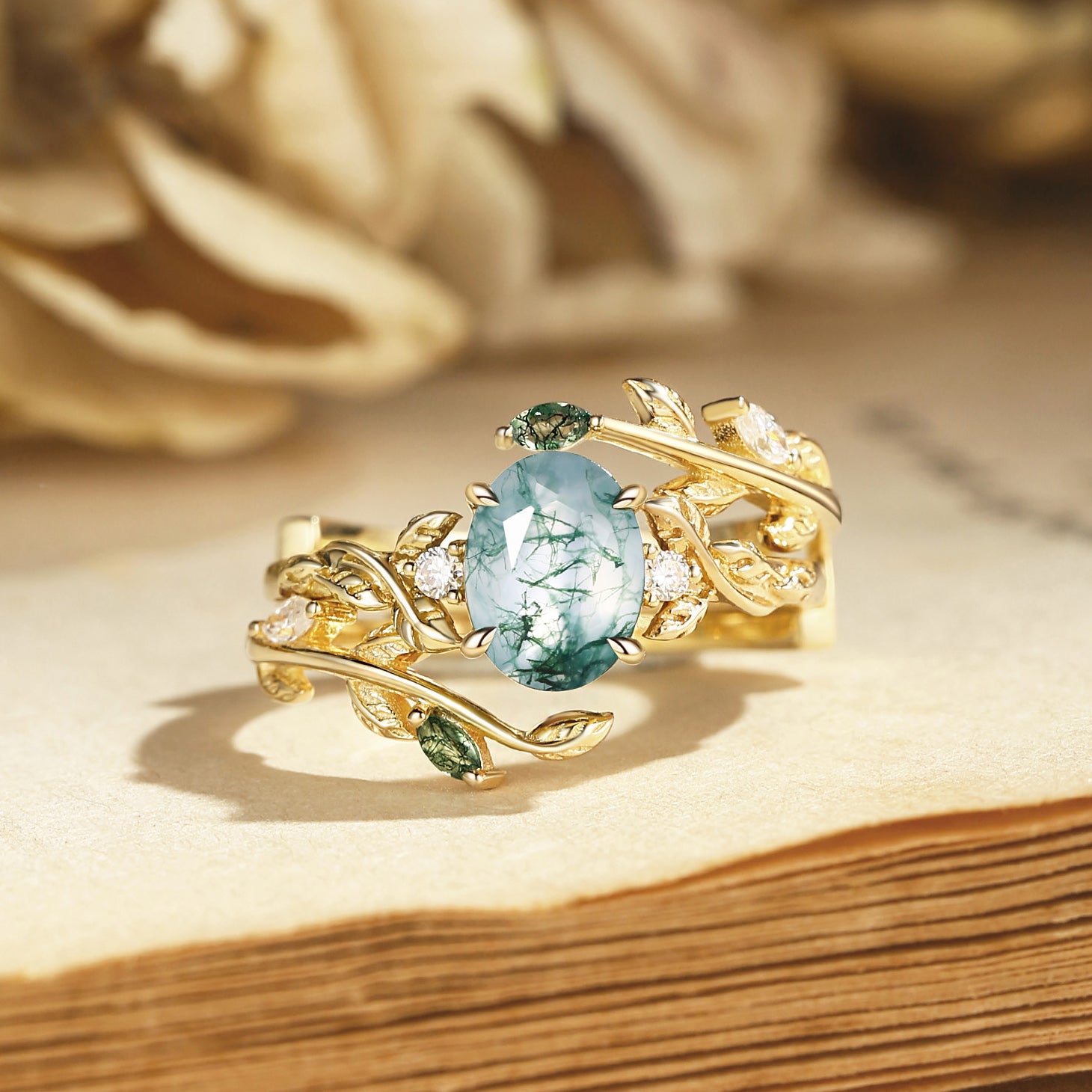 Helen - Moss Agate Leafy Engagement Ring Set 2pcs