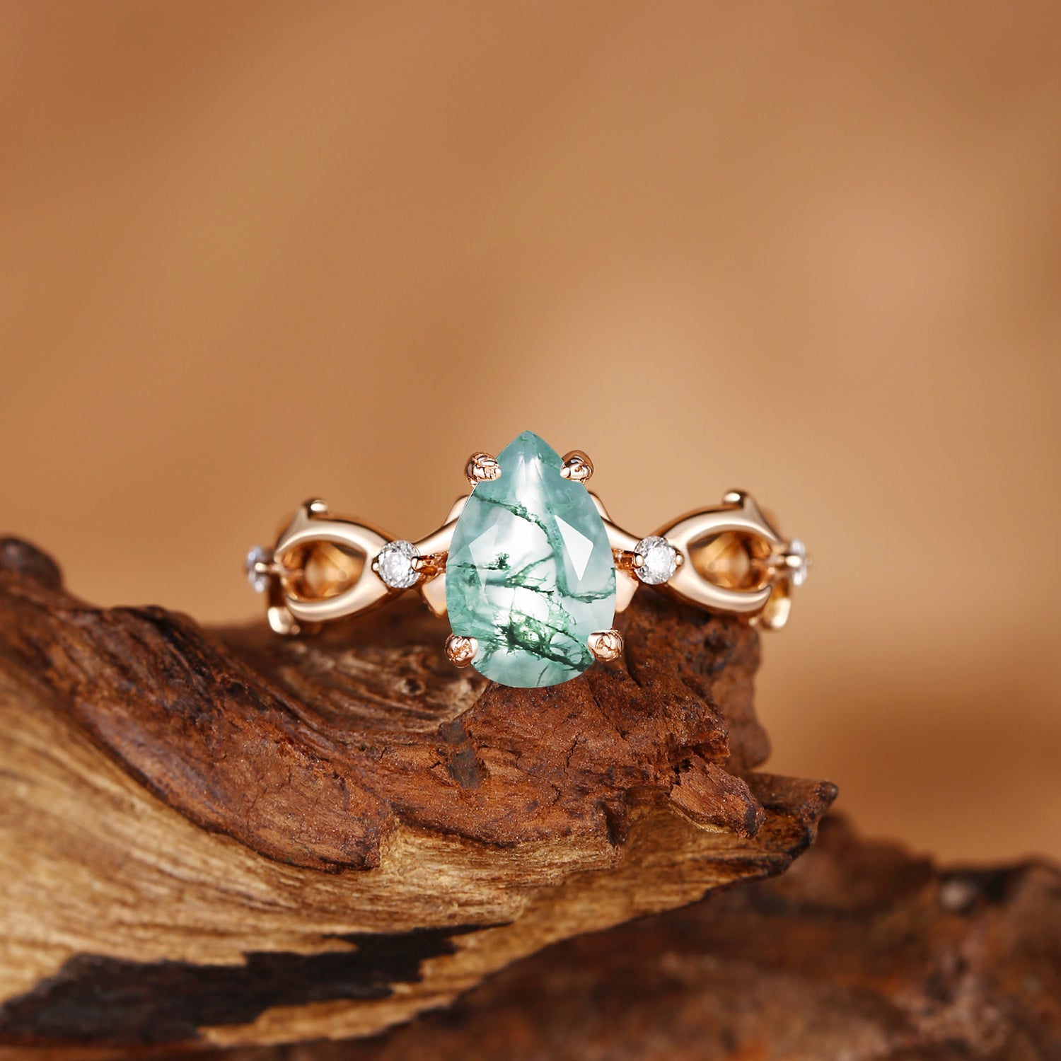 Beatrice - Unique Pear Cut Moss Agate Thorns Engagement Ring