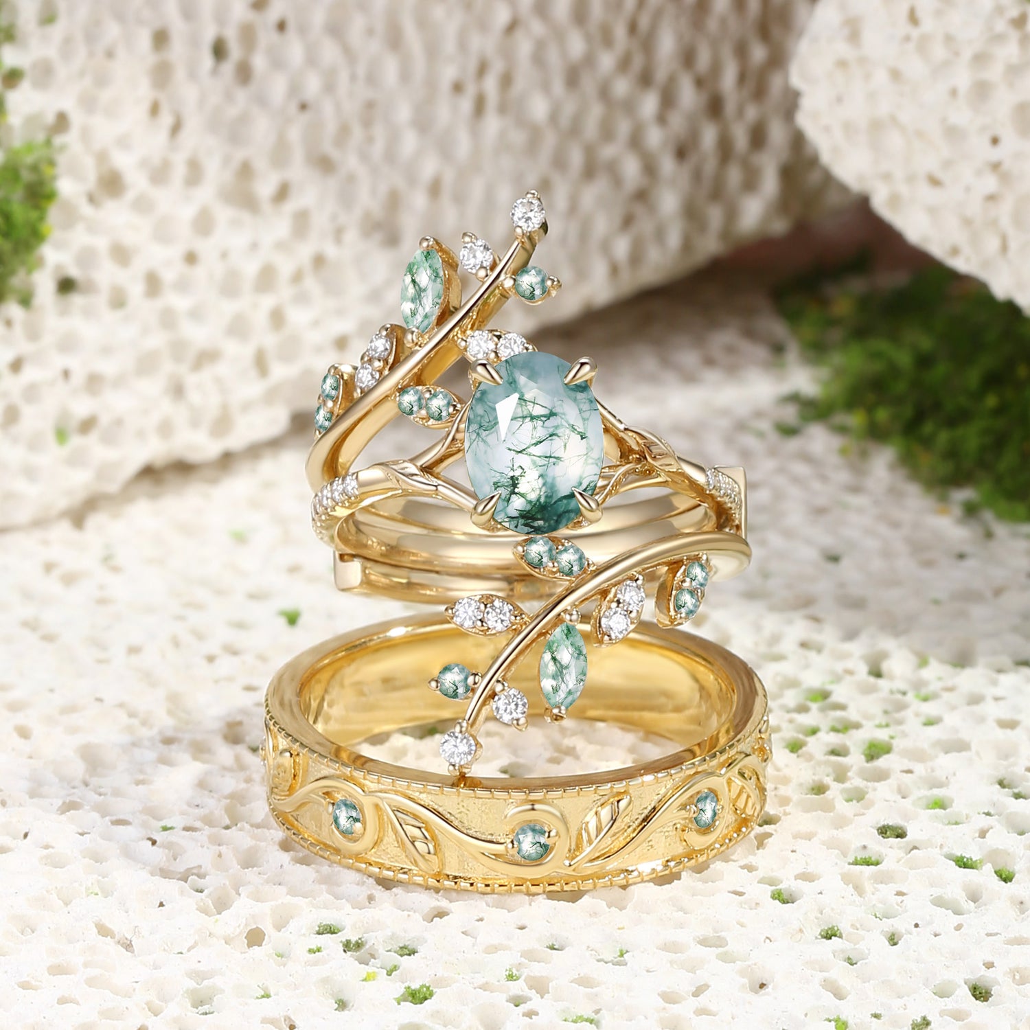 Daphne - Oval Cut Green Moss Agate Cluster Couple Ring Set