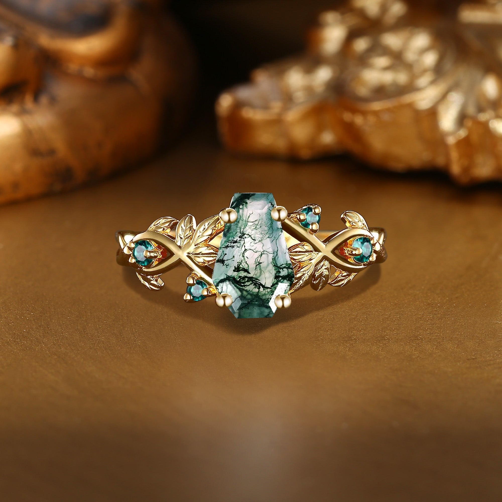 Twila - Nature Inspired Coffin Moss Agate Gold Engagement Ring