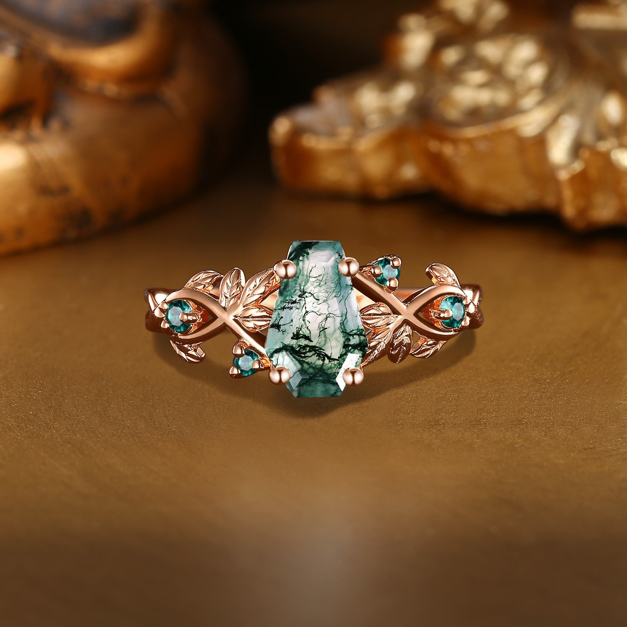 Twila - Nature Inspired Coffin Moss Agate Gold Engagement Ring