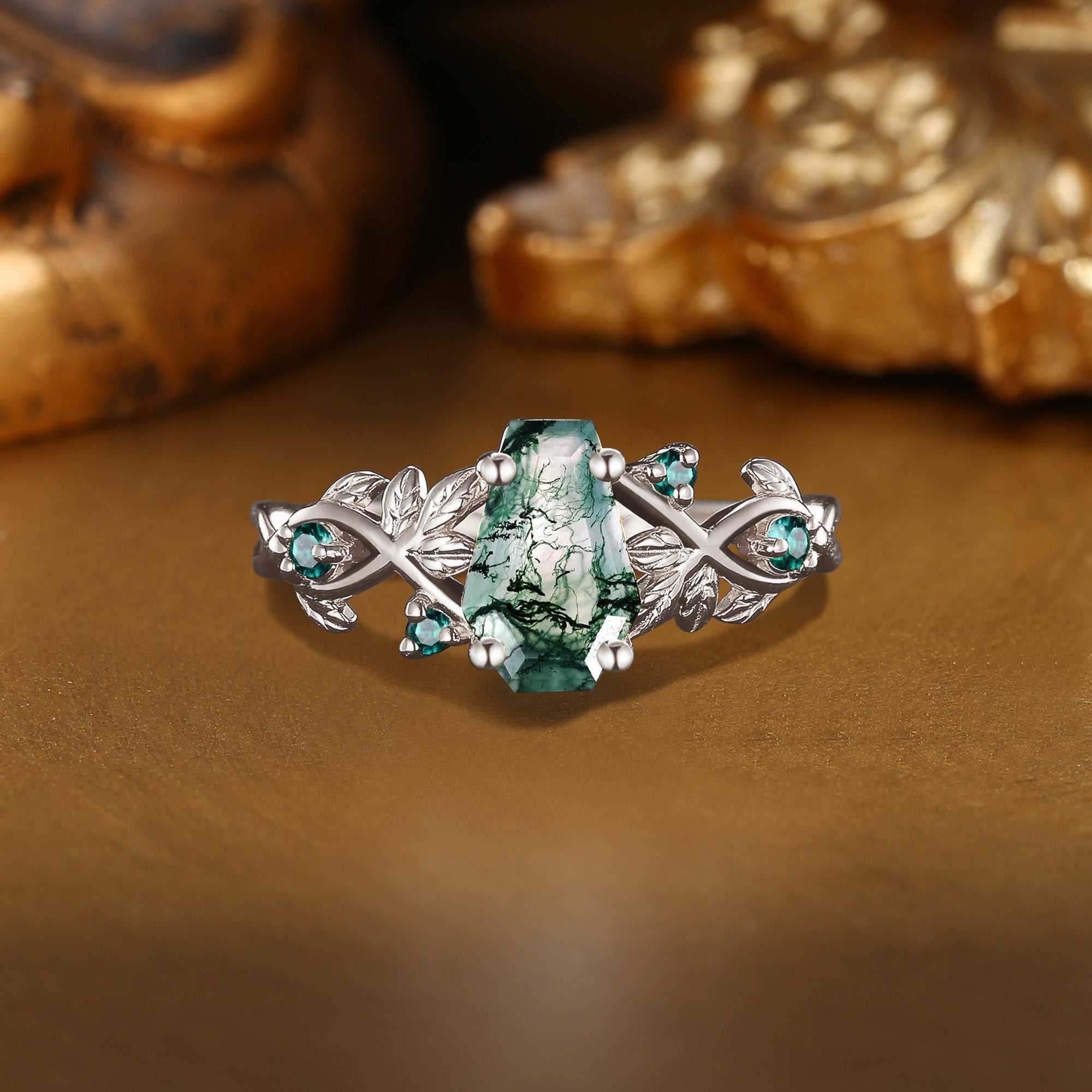 Twila - Nature Inspired Coffin Moss Agate Gold Engagement Ring