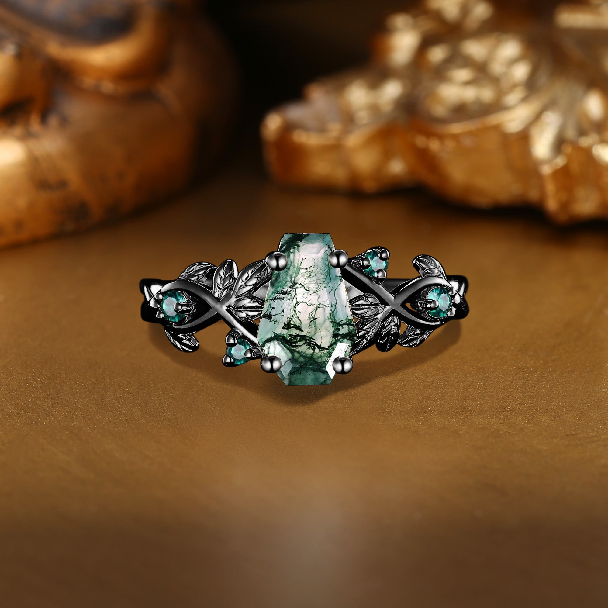 Twila - Nature Inspired Coffin Moss Agate Gold Engagement Ring