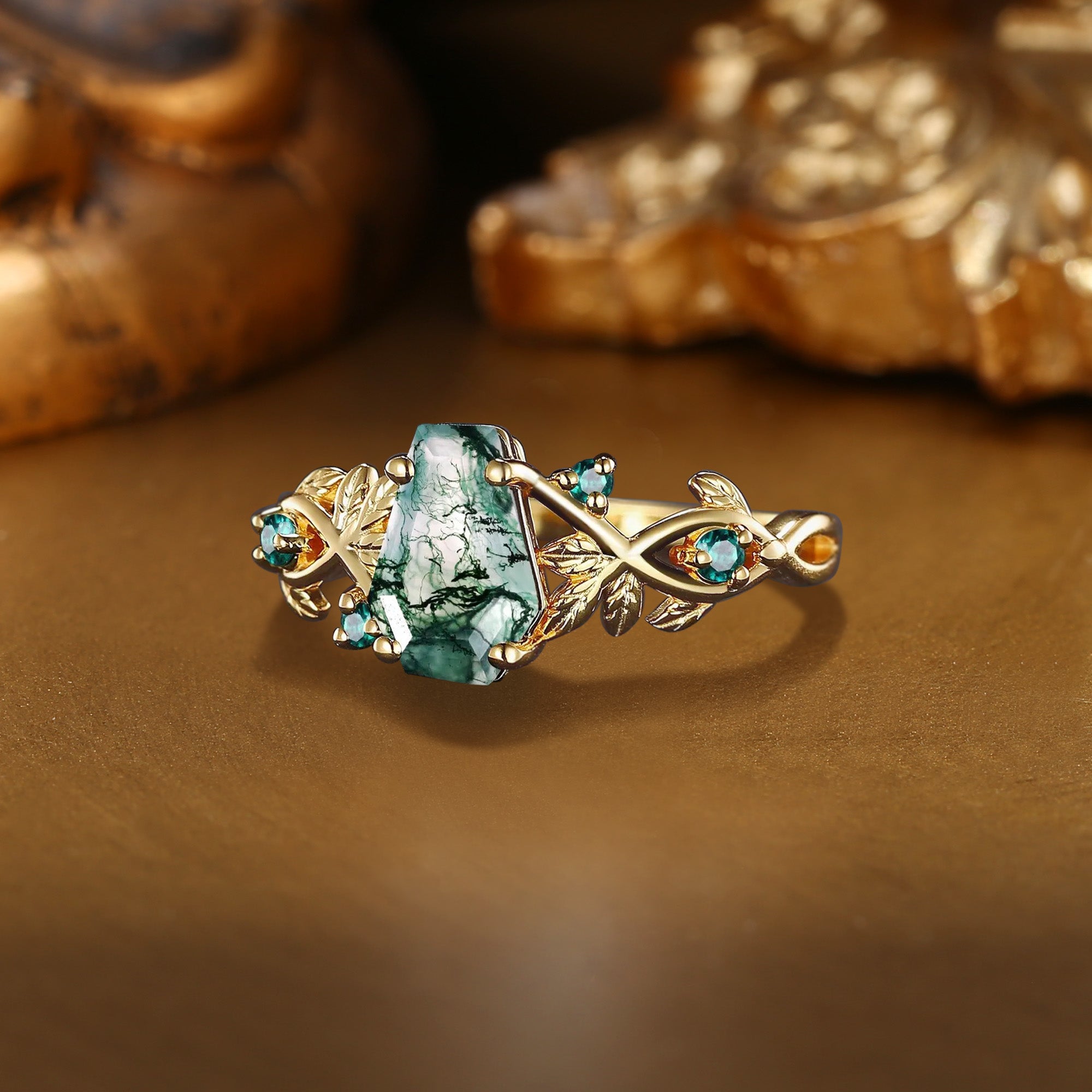 Twila - Nature Inspired Coffin Moss Agate Gold Engagement Ring