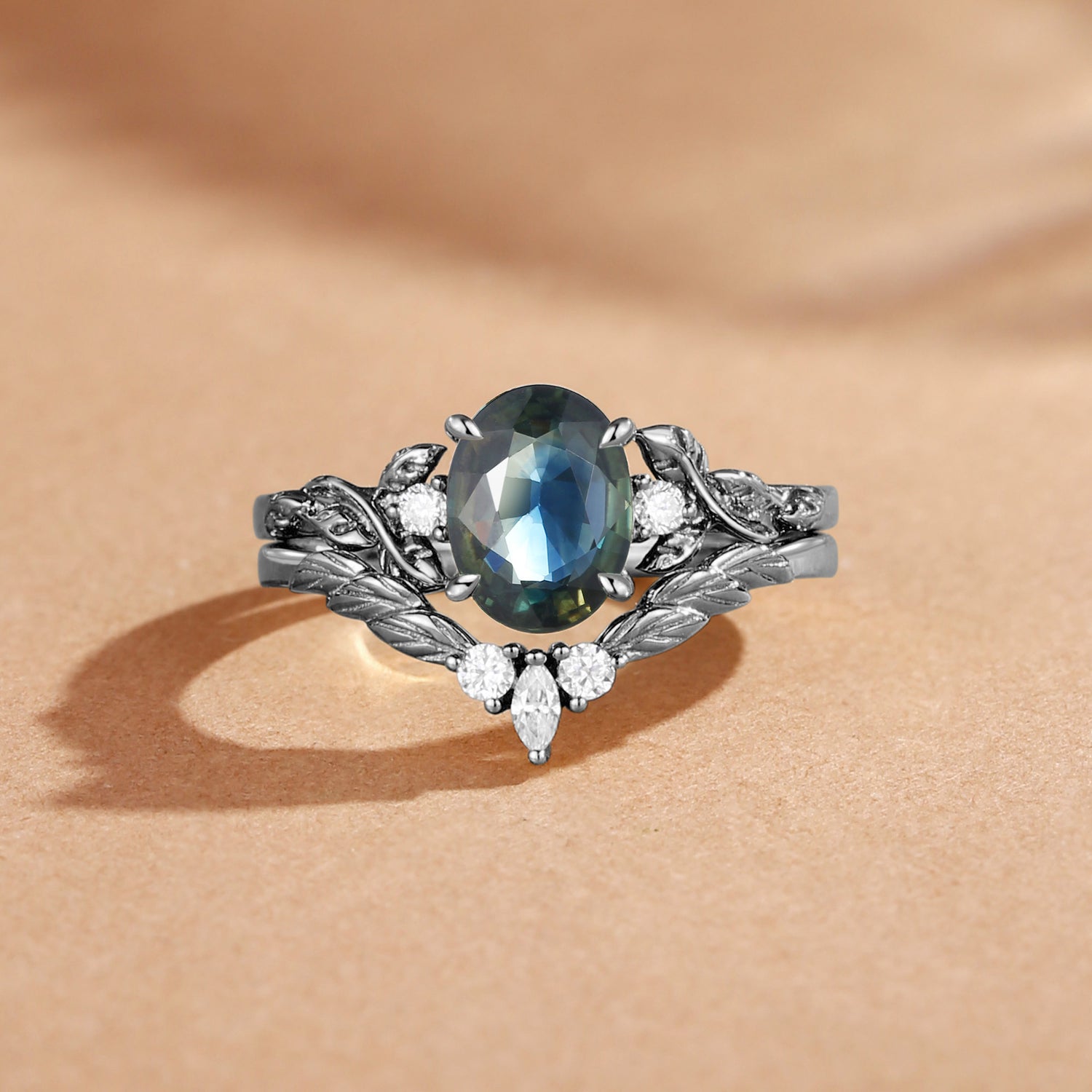 Eden - Nature Inspried Blue Green Sapphire Oval Cut Engagement Ring Set 2pcs