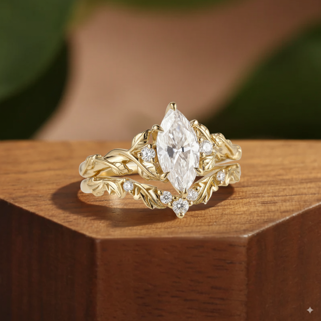 Eden - Vintage Moissanite Marquise Floral Engagement Ring Set