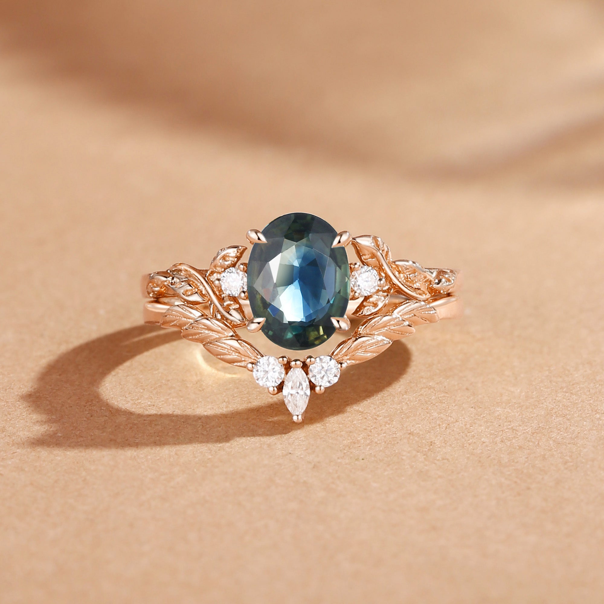 Eden - Nature Inspried Blue Green Sapphire Oval Cut Engagement Ring Set 2pcs