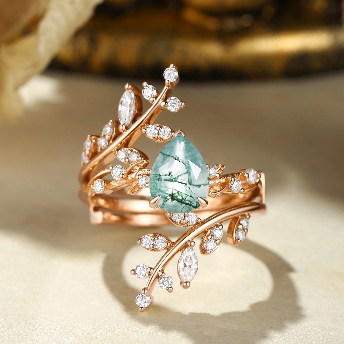 Elaine - Pear Cut Moss Agate Enhancer Bridal Set 2pcs