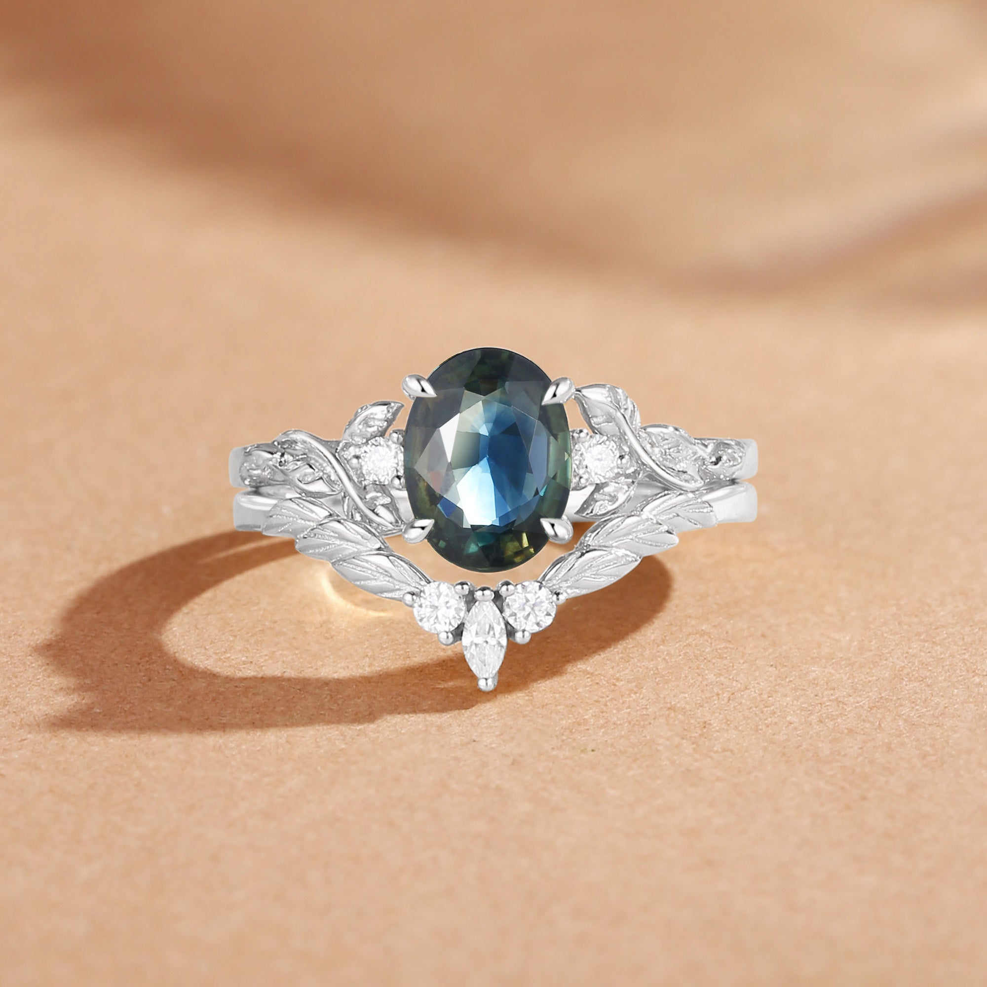 Eden - Nature Inspried Blue Green Sapphire Oval Cut Engagement Ring Set 2pcs