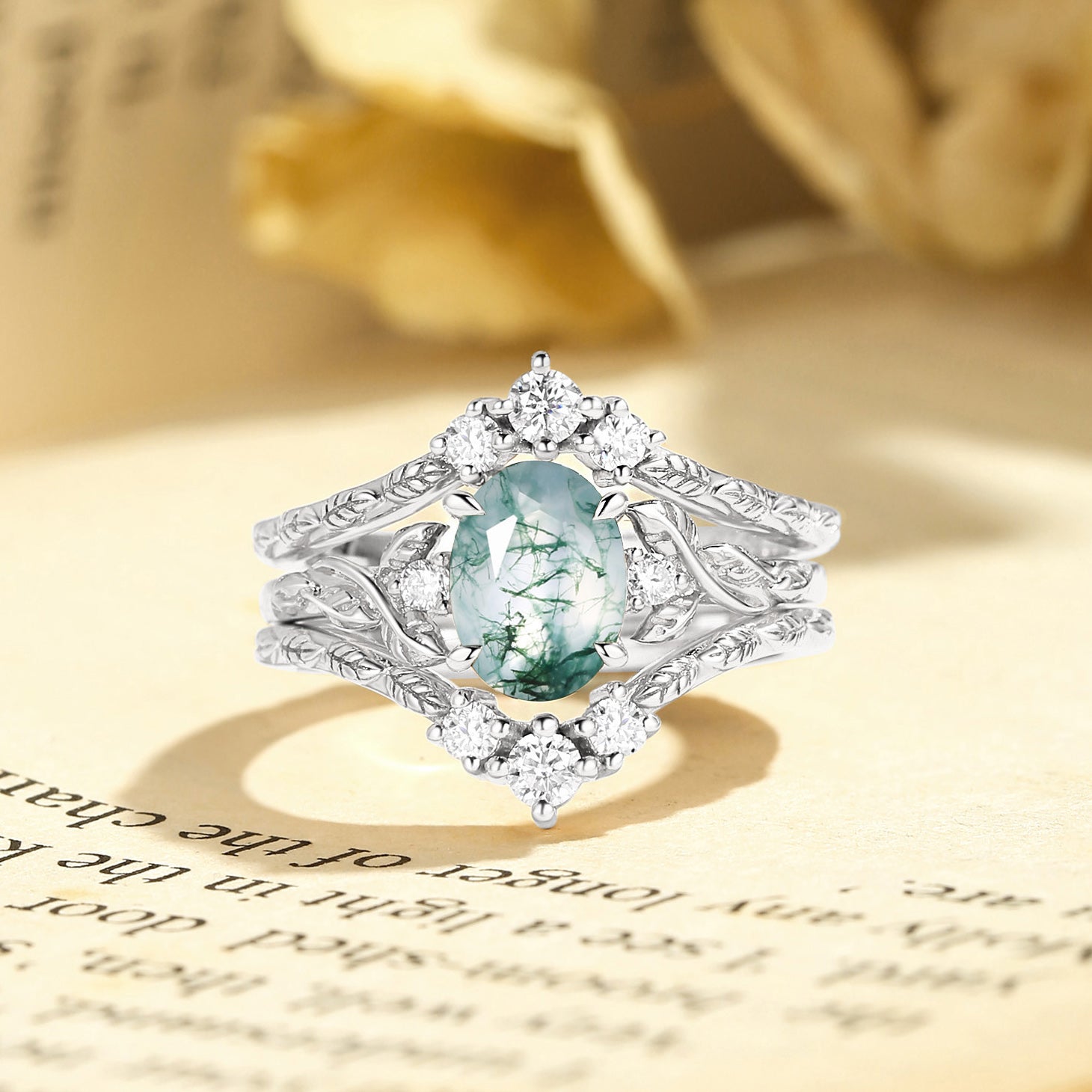 Josephine - Moss Agate Oval Cut Leafy Filigree Bridal Set 2pcs