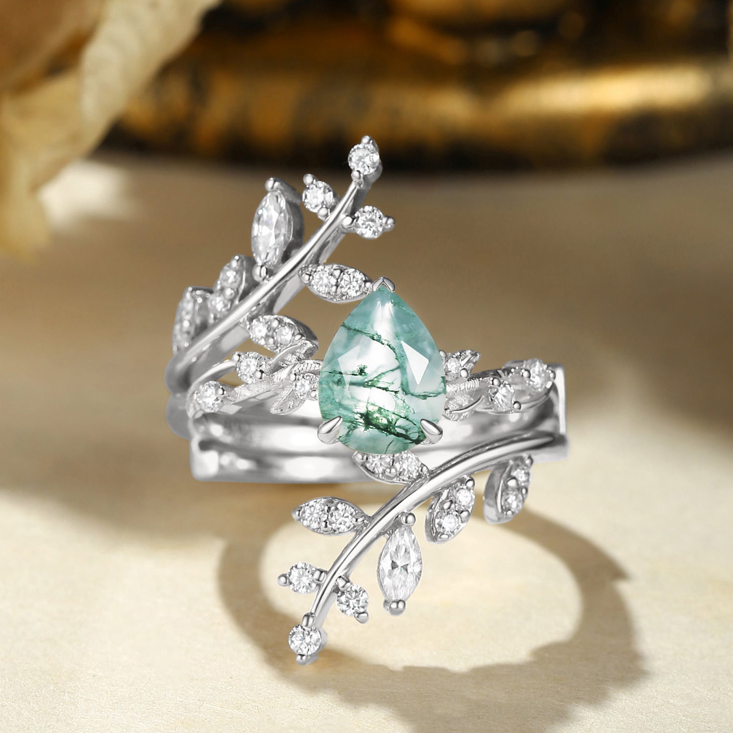 Elaine - Pear Cut Moss Agate Enhancer Bridal Set 2pcs