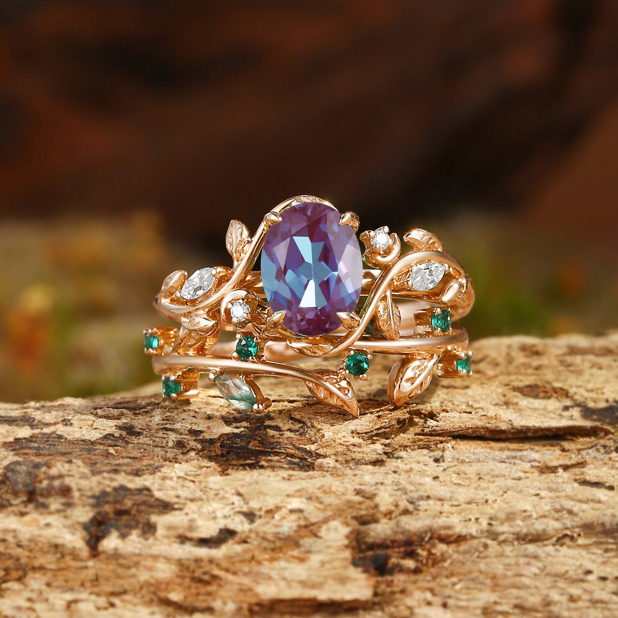 Désirée - Oval Cut Lab Alexandrite Branch Leafy Engagement Ring Set 2pcs