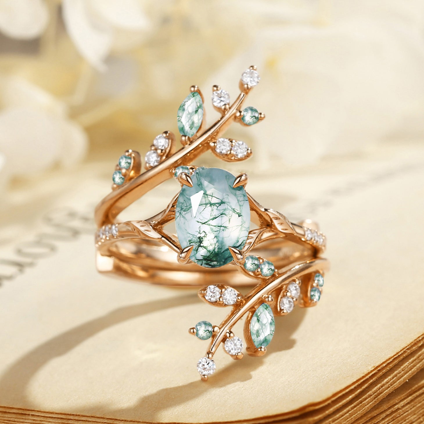 Daphne - Green Moss Agate Cluster Enhancer Ring Set 2pcs