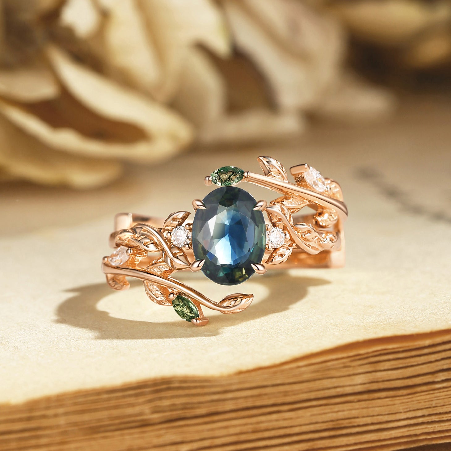 Helen - Blue Green Sapphire Leafy Engagement Ring Set 2pcs