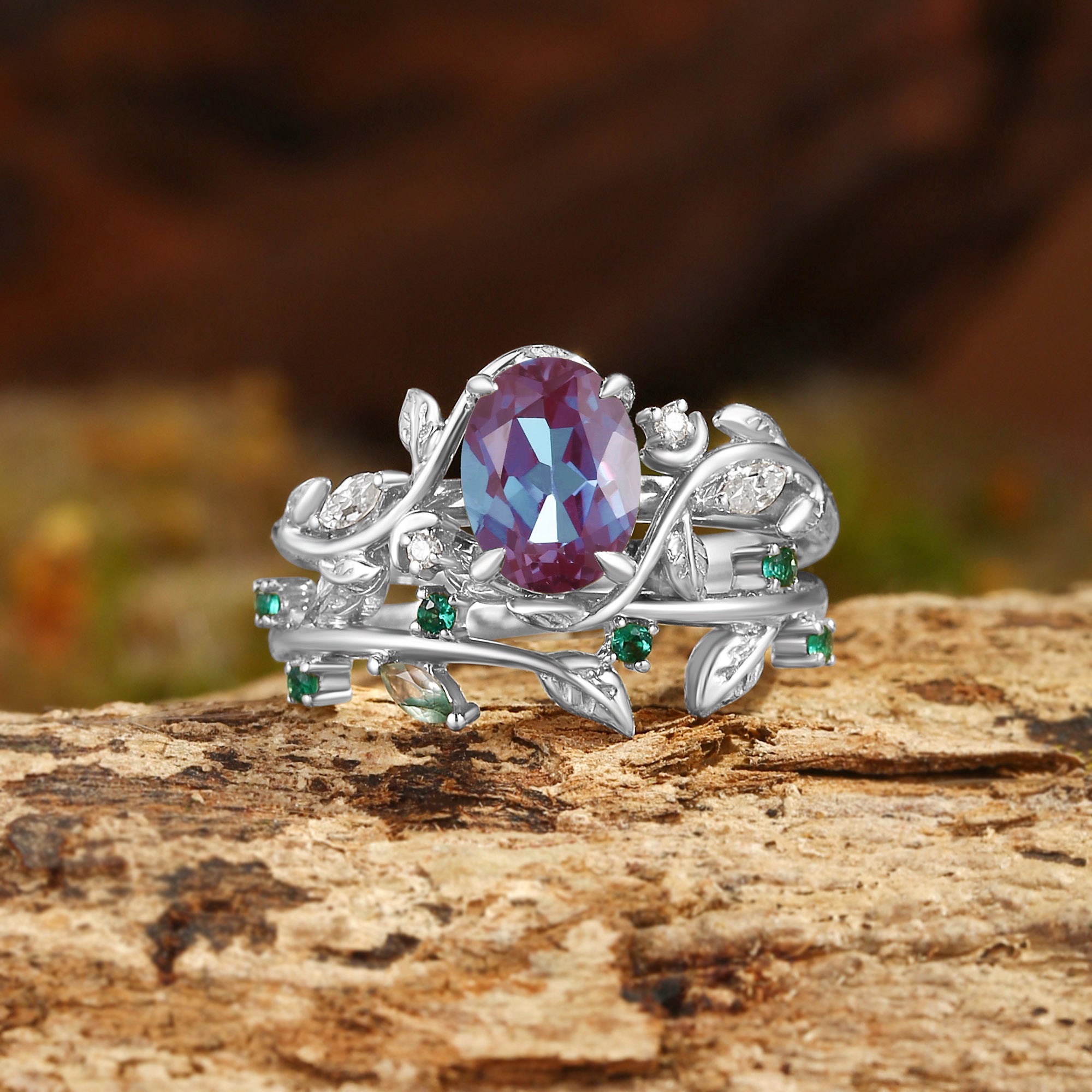 Désirée - Oval Cut Lab Alexandrite Branch Leafy Engagement Ring Set 2pcs